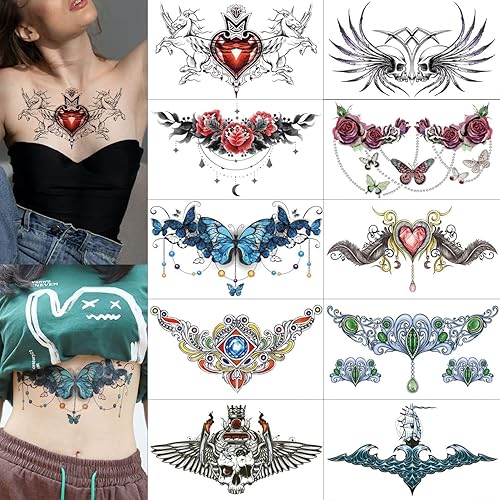 Miniatura 7 de Glaryyears Tatuaje temporal debajo del pecho para mujer, paquete de 10 tatuajes realistas florales grandes, calcomanías creativas de larga duración,