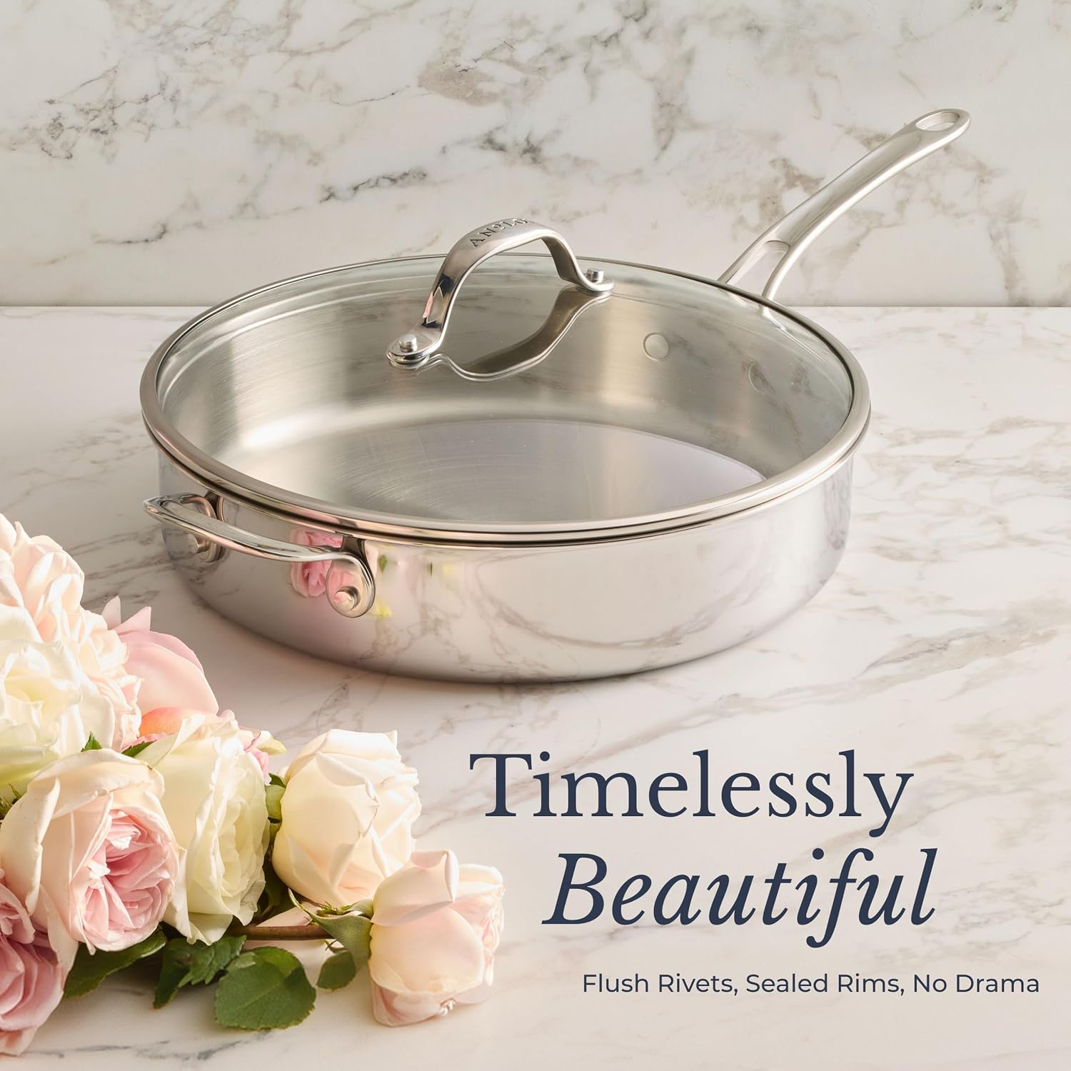 Anolon Vanderpump Tri-Ply Clad Stainess Saute Pan with Lid, 5-Quart, Stainless Steel