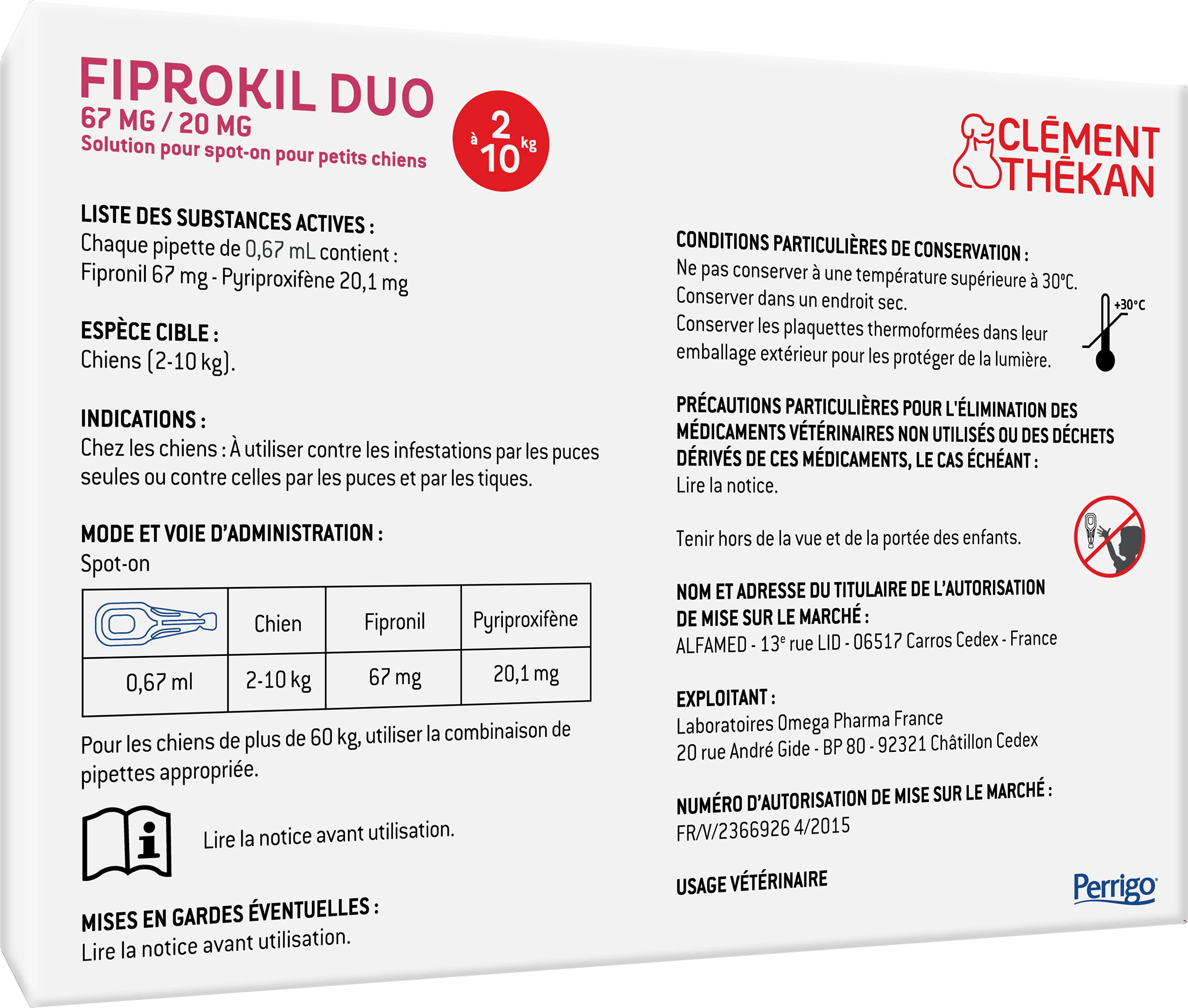 Fiprokil Duo Petits Chiens Clément Thékan (2-10 kg) - Anti-Puces/Tiques - Élimine parasites/Oeufs - Protège Jusqu’à 7 semaines l’Animal et 12 semaines l’Environnement - 4 pipettes Spot on