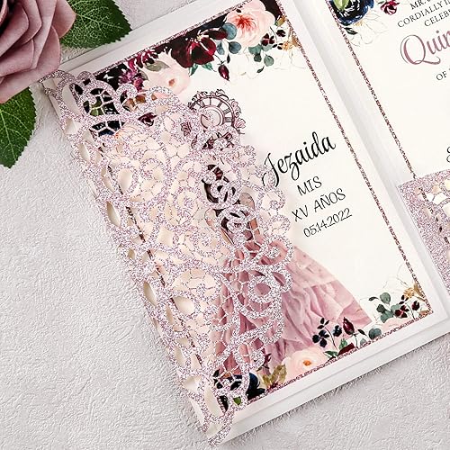 Miniatura 8 de DORIS HOME Kit de invitaciones de quinceañera de oro rosa con purpurina en blanco de 4.7 x 7 pulgadas, tarjetas de invitación de cumpleaños con