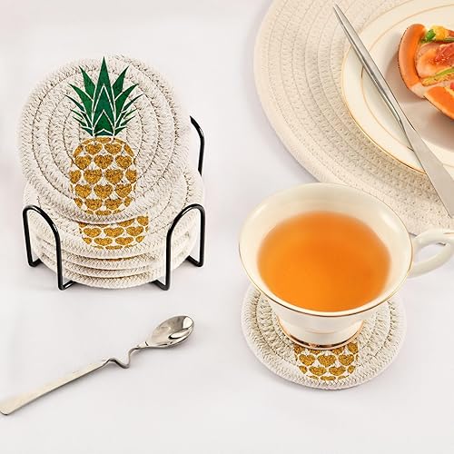 Vista 100 de Juego de 6 posavasos para bebidas con soporte, diseño retro de estrella de mar y estrella de mar, juego de 6 posavasos decorativos absorbentes