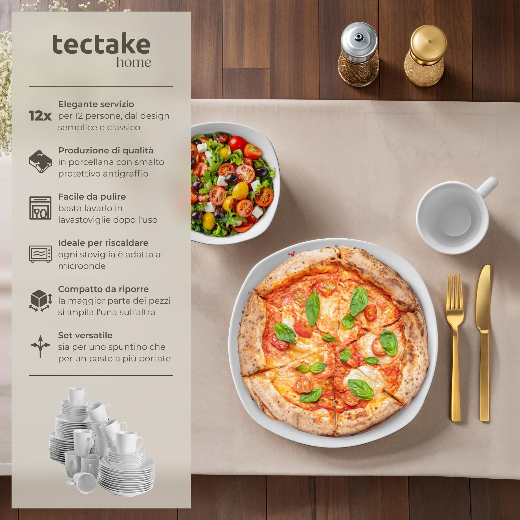 tectake® Set di Stoviglie da 100 Pezzi per 12 Persone, Piatti e Ciotole con Bordi Arrotondati, Porcellana Resistente ai Graffi, Adatto a Lavastoviglie e Microonde, Impilabile, Salvaspazio - Bianco