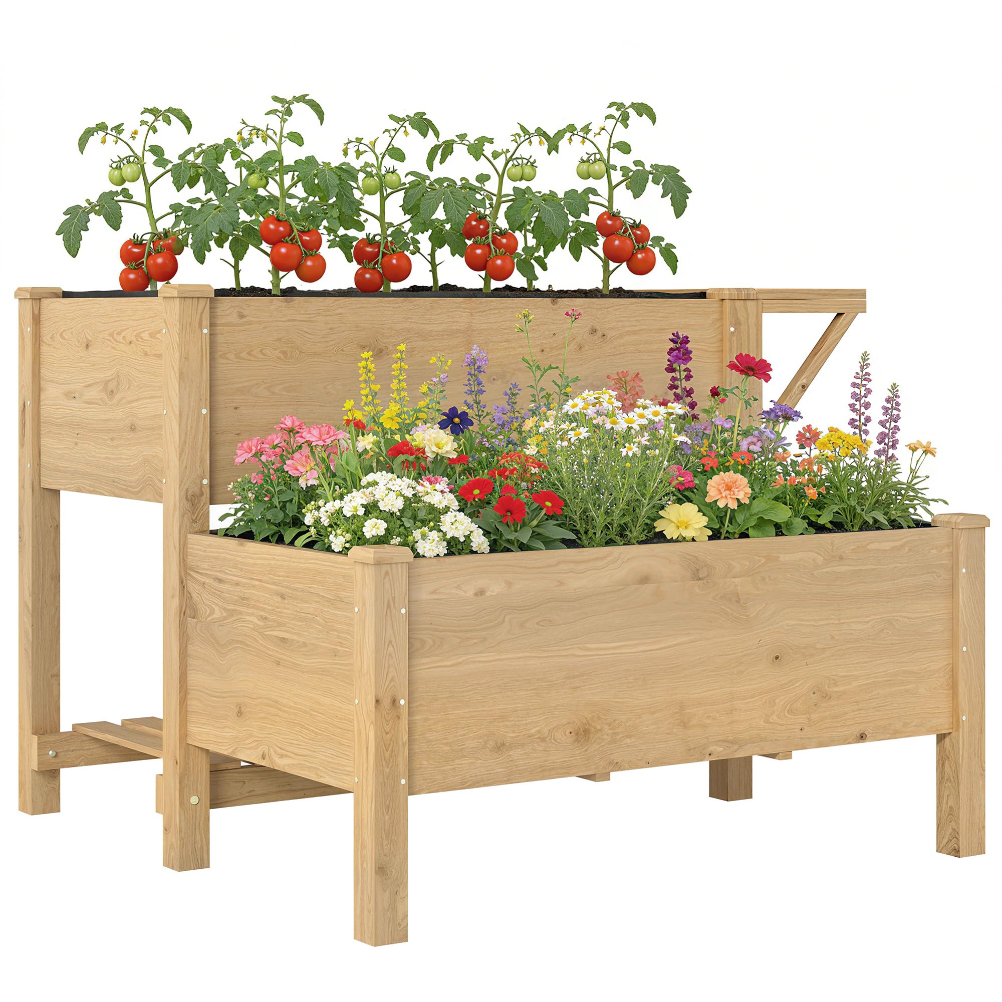 Outsunny Letto per Orto Rialzato a 2 Livelli con Ripiani Laterale e Inferiore, Fioriera Rialzata da Esterno in Abete con Fodera e Fori di Drenaggio, per Fiori Verdure, 119.5x102x76.5cm, Marrone Chiaro