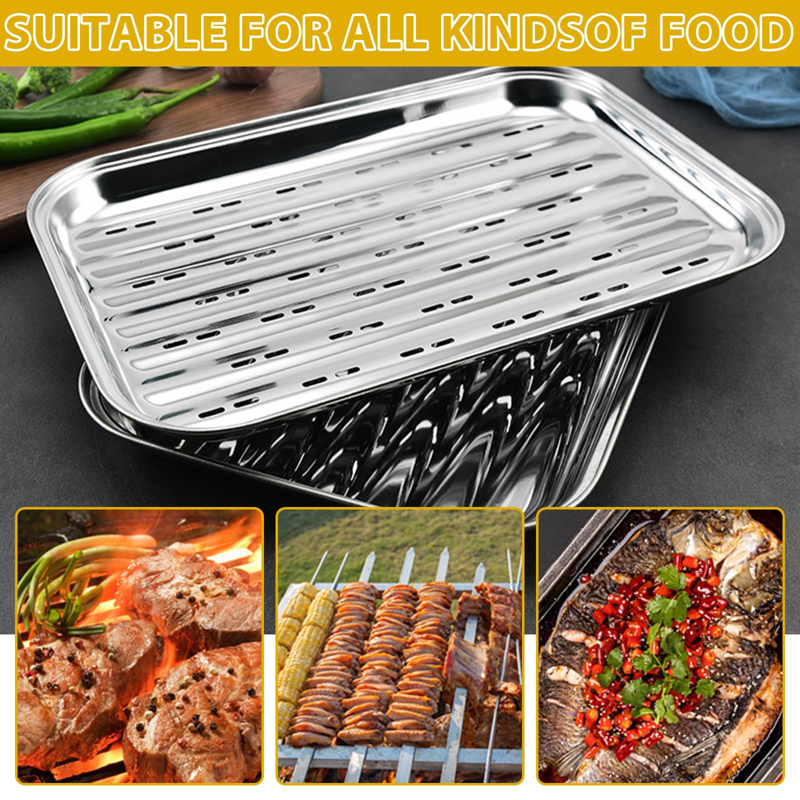BYZESTY 2 Piezas Bandeja para Asar, Bandeja de Grill de Acero Inoxidable con Agujeros, Plancha de Asarpara Acampar con Barbacoa al Aire Libre, 34,5 x 24,2 x 2,7 cm