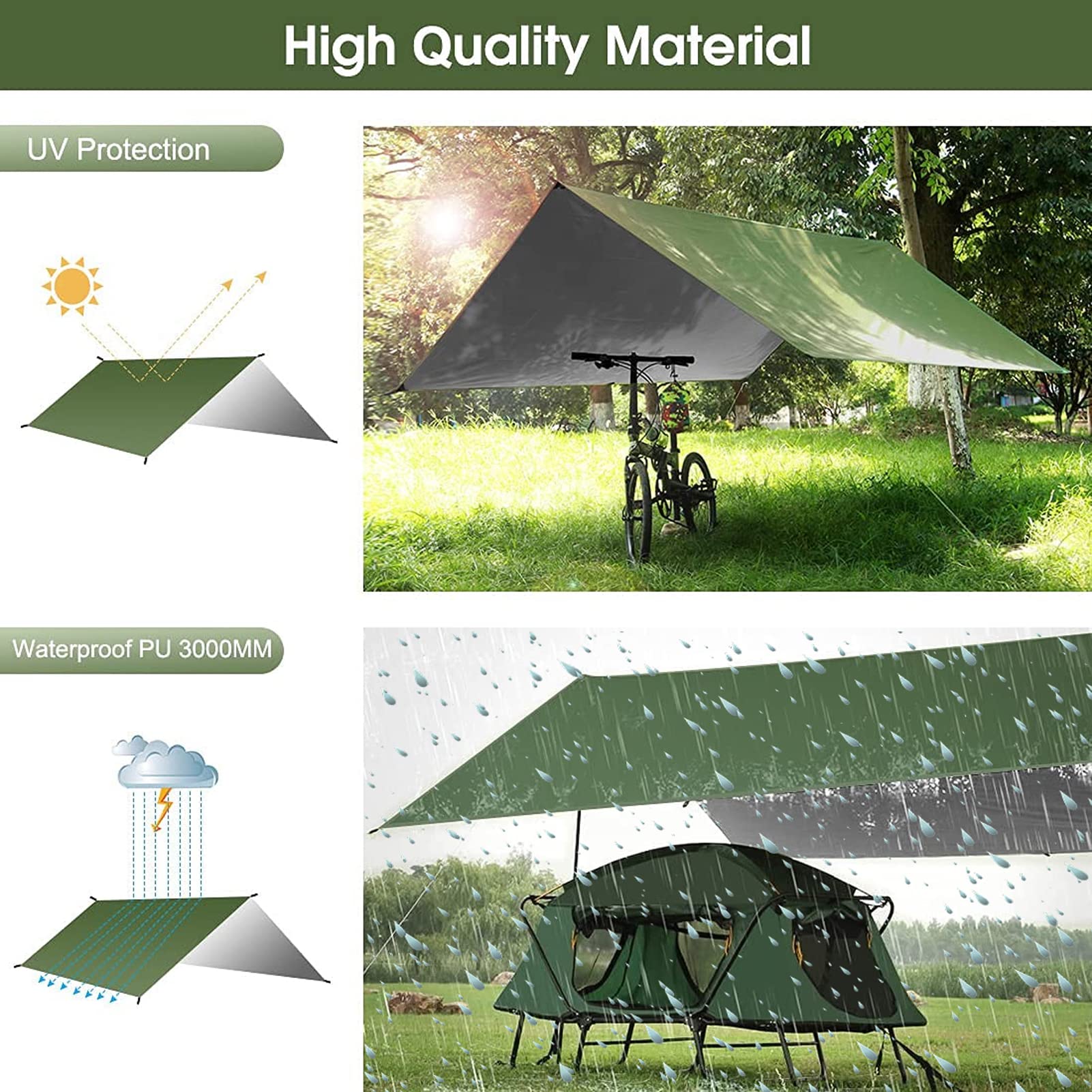 Telone per Amaca Telo da Campeggio per Rifugio, Impermeabile Anti-UV con 4 Chiodi in Alluminio 6 Corde del Vento Anti-Pioggia Panno Oxford Leggero E Compatto per Viaggio Picnic (Black)