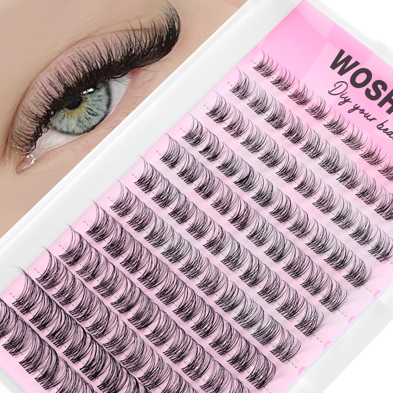 Wimpern Extensions Set, Lash Cluster Set, Wispy Natürliche Wimpern Cluster, D Curvature Diy Künstliche Wimpern with Bond and Seal & Remover (8-16mm, Rougee Set)