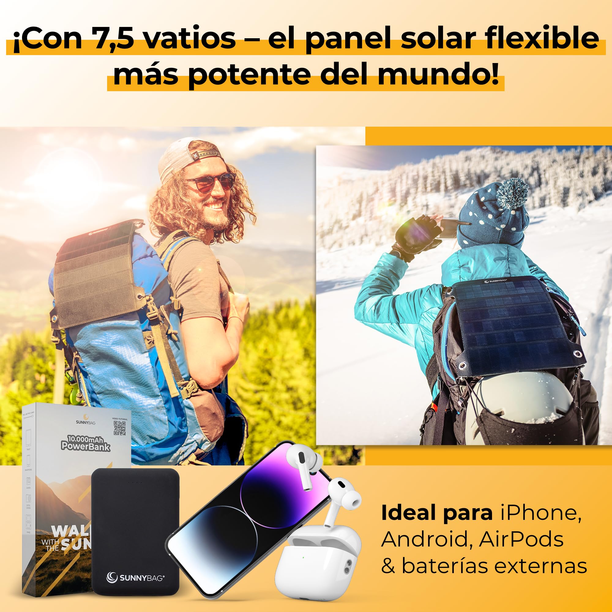 Sunnybag Leaf Pro Panel Solar de 7,5 vatios [Ultraligero, Flexible, Resistente al Agua] - Cargador Solar para Smartphone, Ideal para Senderismo, Acampada - Incluye Cable USB-C con indicador de Carga