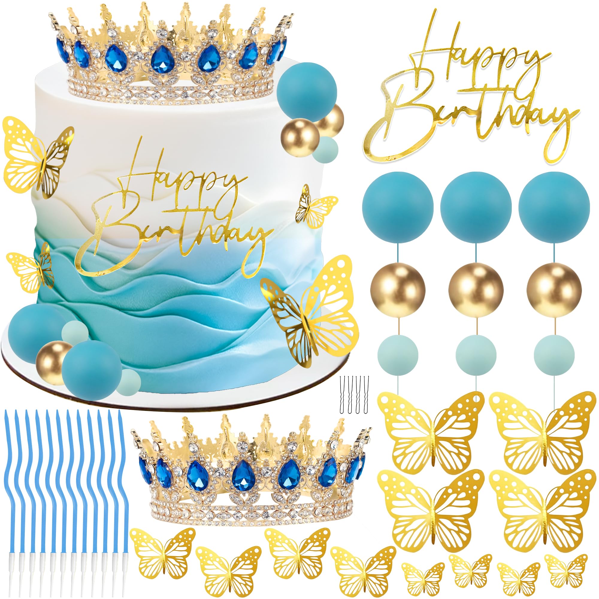 Happy Birthday Crown Cake Topper Candles Butterfly Balls Decoration