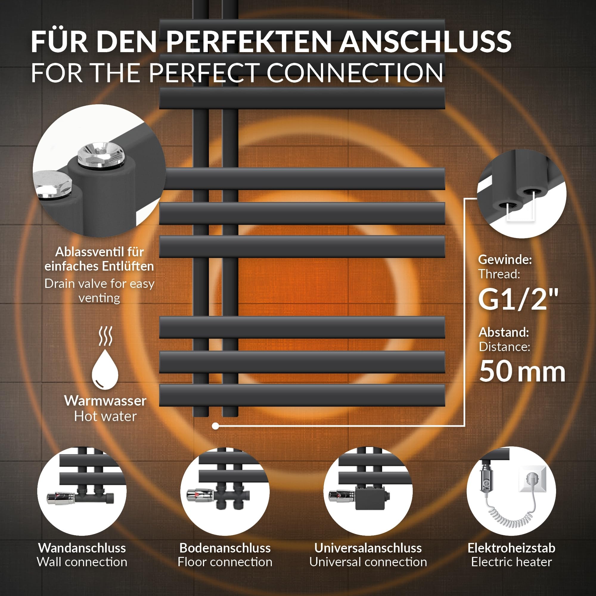 LuxeBath Radiador Eléctrico Iron EM 500 x 1000 mm Antracita, Estufa Toallera Vertical con Elemento Calefactor 600W Termostato de Pantalla Digital, Calentador de Pared de Diseño Moderno para Baño