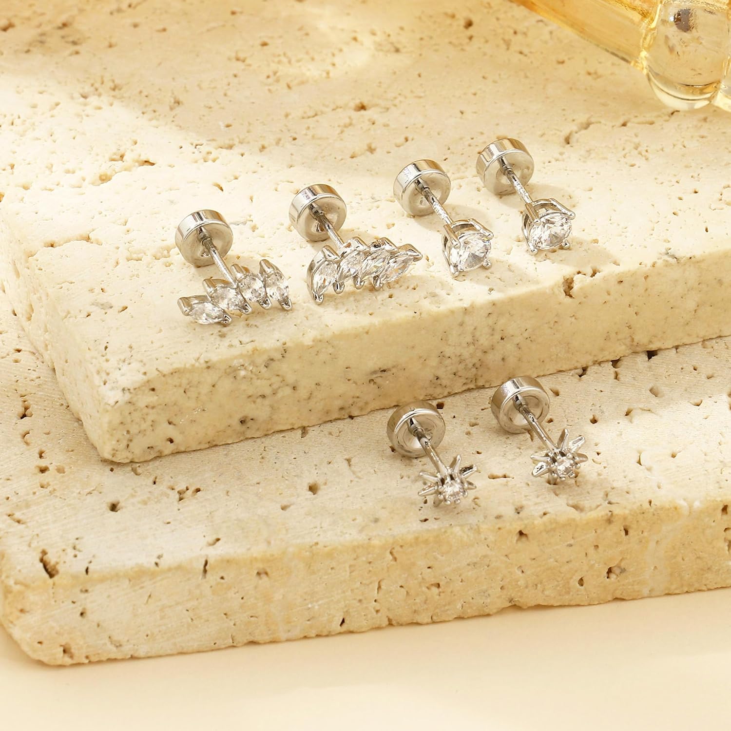 Dochais Flat Back Sterling Silver Earrings 14K Gold Plated Hypoallergenic Stud Earrings for Women Men Tragus Helix Piercing Jewelry Small Cubic Zirconia Cartilage Earring Sets - Image 5