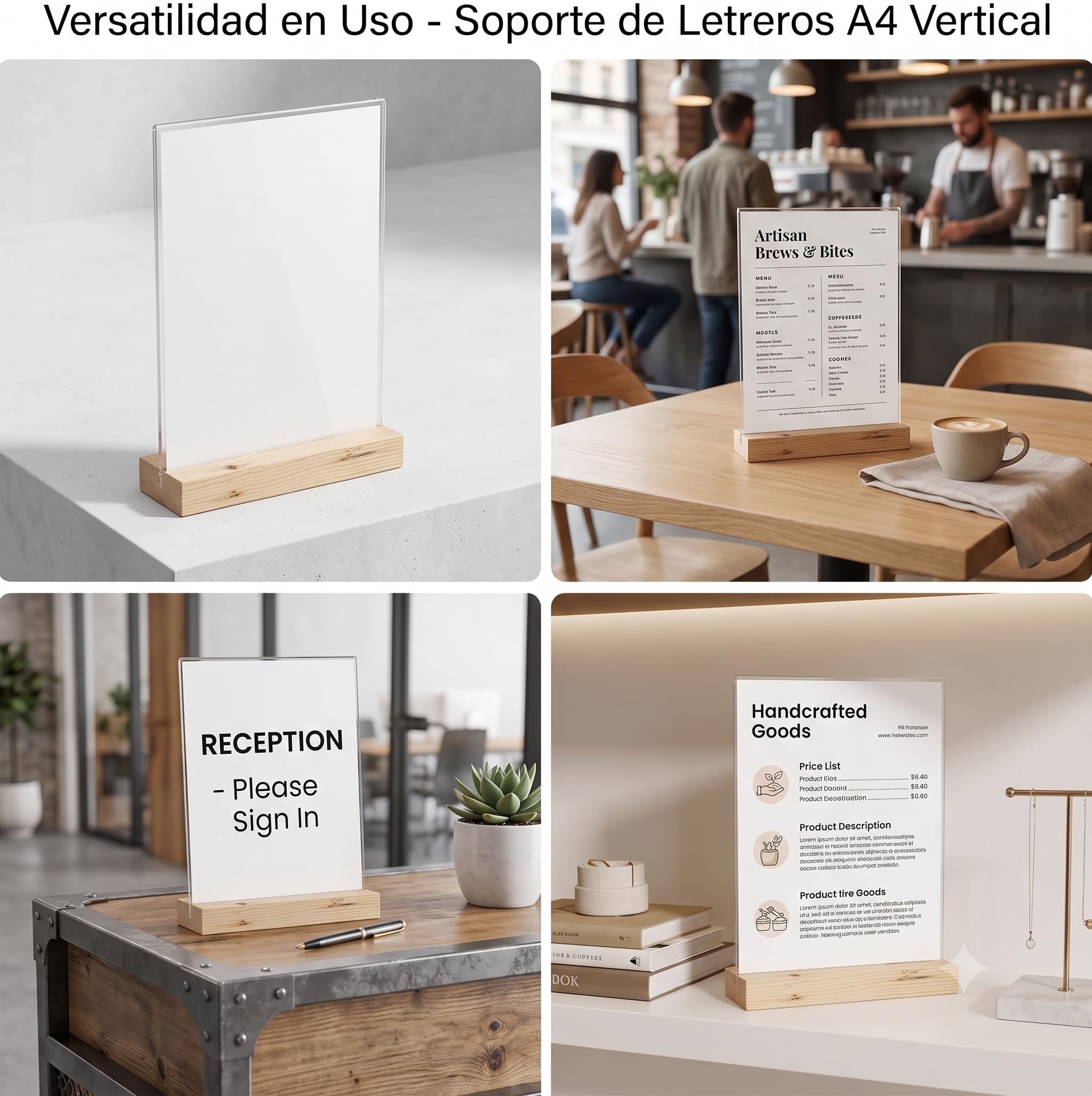 Genérico Expositor Metacrilato Transparente con Base de Madera, para Menús, Carteles, Eventos Oficina, Mesa (A4 - Vertical - 10 uds)