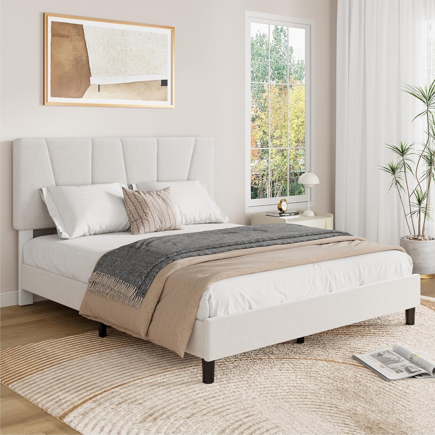 Full Size Bed Frame with Adjustable Headboard, Linen Upholstered Full Platform Bedframe with Strong Wooden Slats, Mattress Foundation, No Box Spring Needed, Easy Assembly
