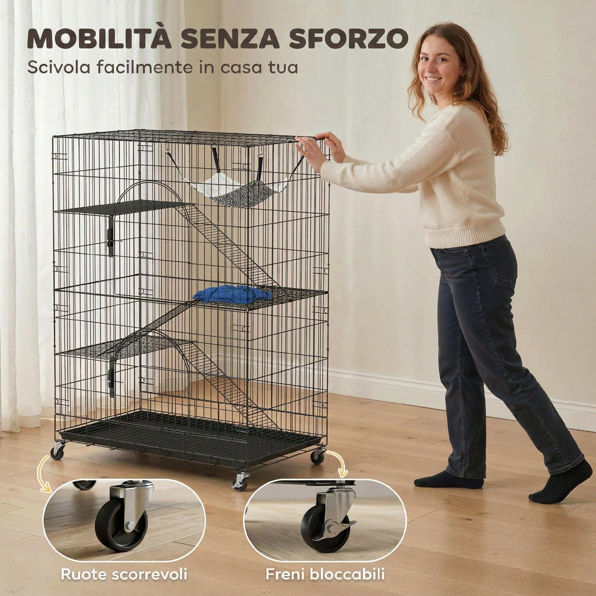 PawHut Gabbia per Gatti Grande 4 Livelli con Ruote, Recinto per Gatti da Esterno ed Interno in Metallo, Vassoio Estraibile, Amaca, Letto, Rampe, Piattaforme, per 1-2 Gatti, Scoiattoli Cincillà, Nero