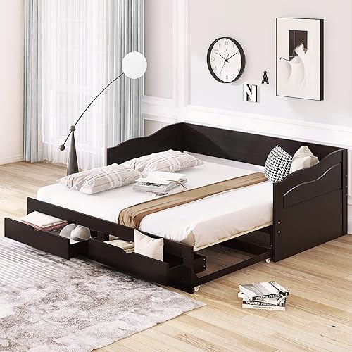 Sofá cama de tamaño individual marco de madera con cama nido y dos cajones de almacenamiento marco extensible con cabecera para sala de estar