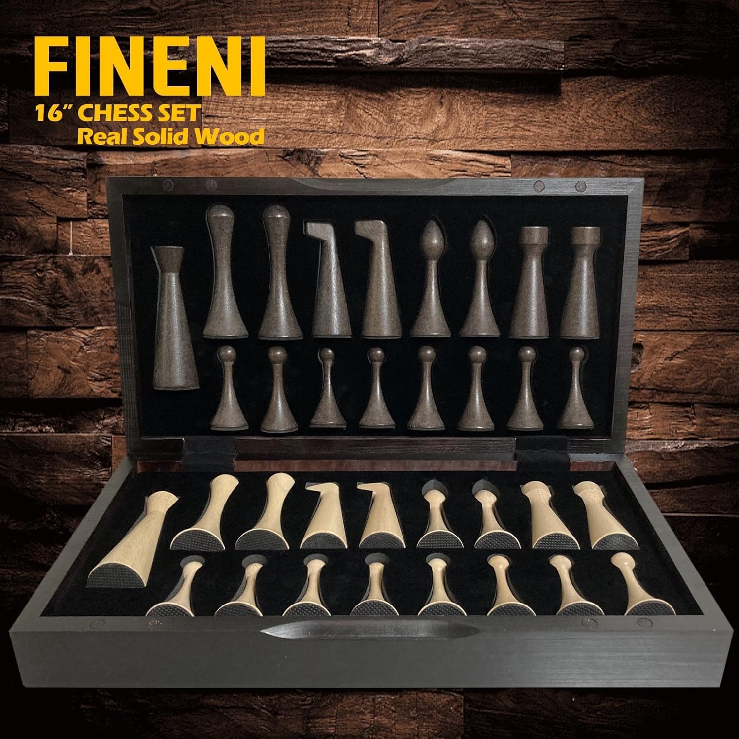 Luxurious 16 inch Real Luxurious Dark Colored Solid Wooden Chess Set. Durable Handmade Chess Board Game Sets with Storage Slots for 4.2” Weighted & Elegant Designed Wooden 34 Pieces (C16D)