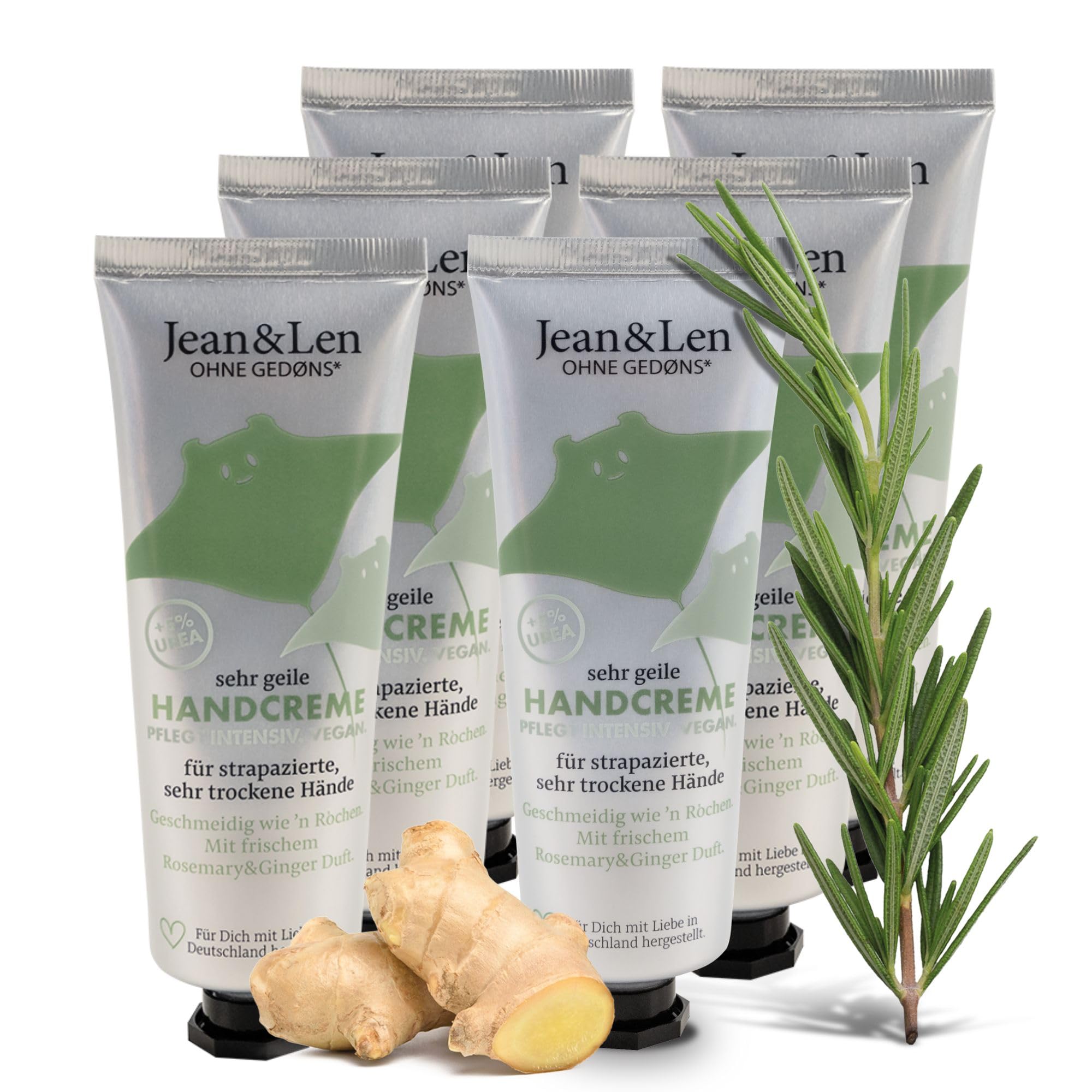Jean & Len Sehr geile Handcreme Rosemary & Ginger, mit Urea, Handpflege für trockene & rissige Hände, spendet Feuchtigkeit & pflegt intensiv, ohne Parabene & Silikone, Handcreme Set, vegan, 6 x 75 ml