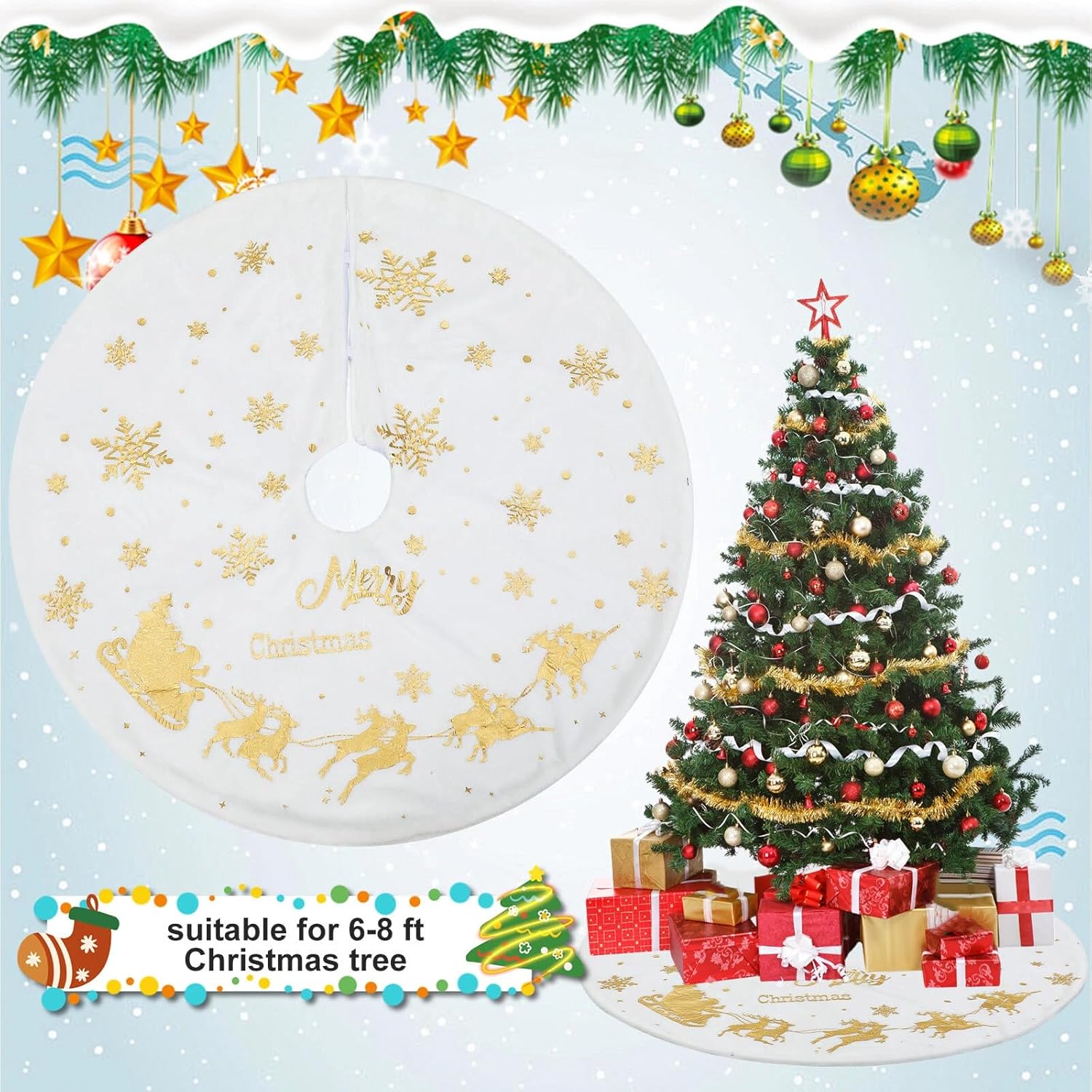Blosssound 48 Inch Christmas Tree Skirt Gold Santa Elk Tree Skirt Soft Snowflake Xmas Mat Merry Christmas Party Decoration for Winter Happy New Year Holiday Indoor Outdoor Decor Supplies (White)