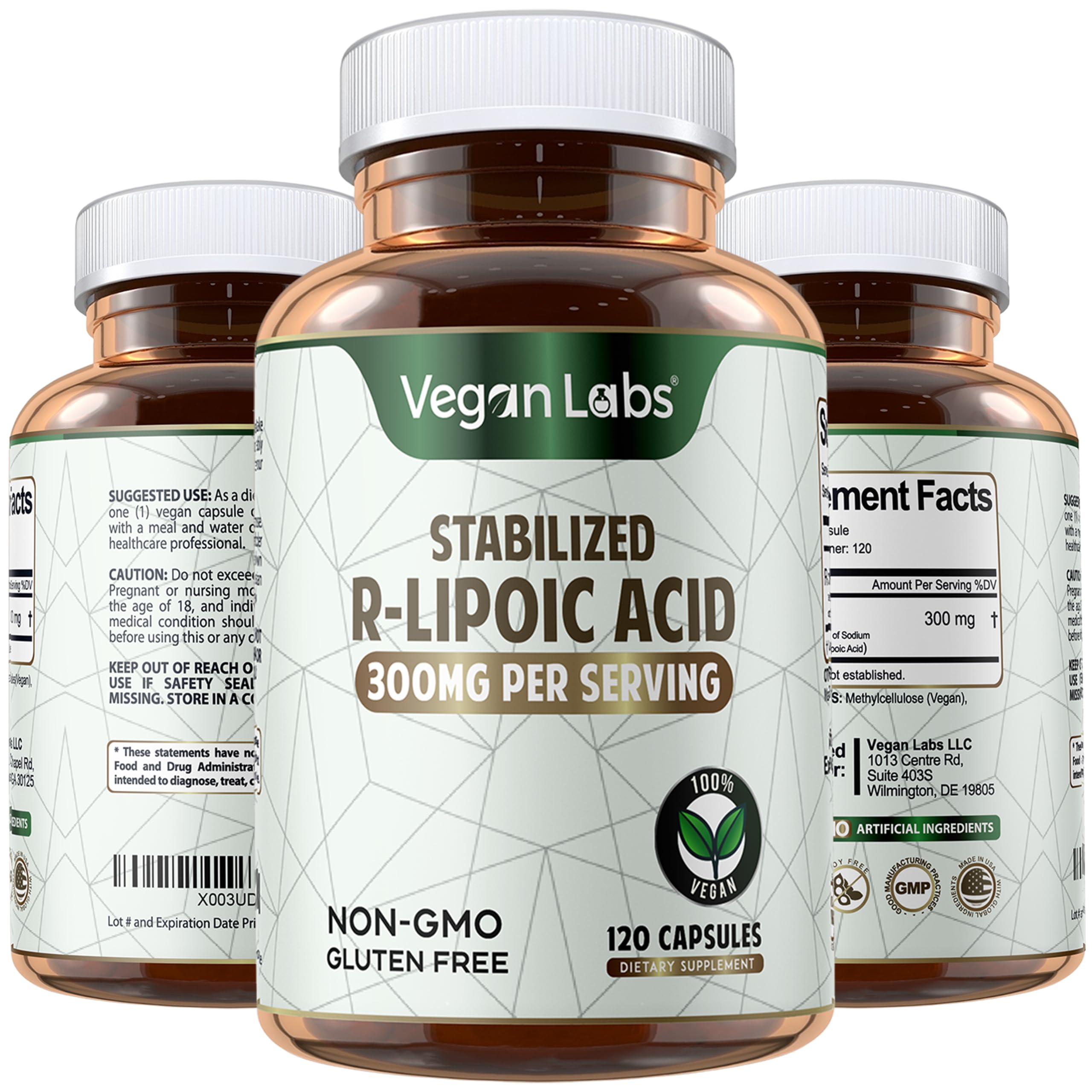 Vegan Labs Stabilized R-Lipoic Acid 300MG, 120 Vegan Capsules- Supports Cellular Energy and Antioxidant Protection- Gluten Free, Non-GMO, Stabilized Na R-ALA Supplement- 4 Month Supply
