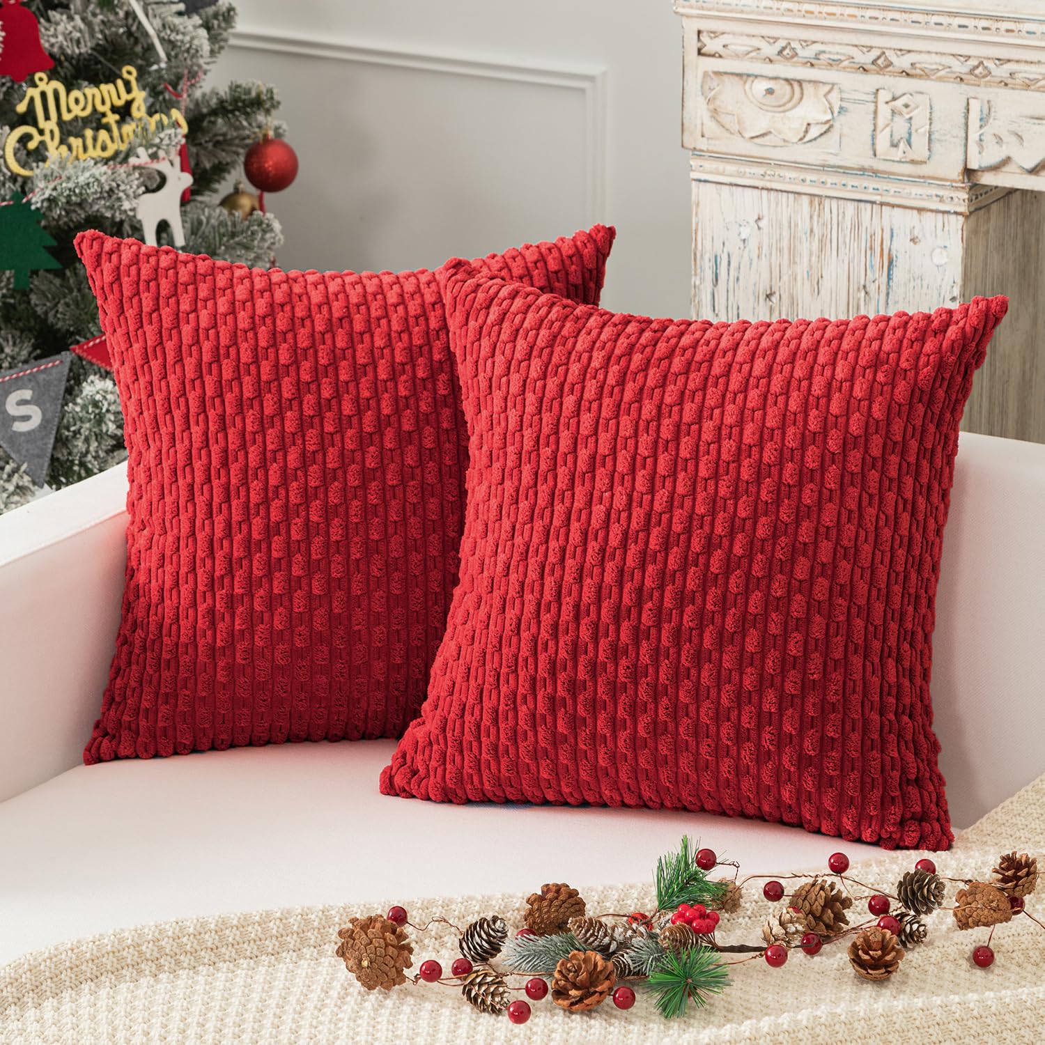 Kevin Textile Boho Cushion Covers 45 x 45 cm Set of 2 Soft Striped Corduroy Decorative Square Cushions Covers 18x18 Inch Pillowcases with Invisible Zipper for Chair Couch Sofa Bedroom, Red โ image 1