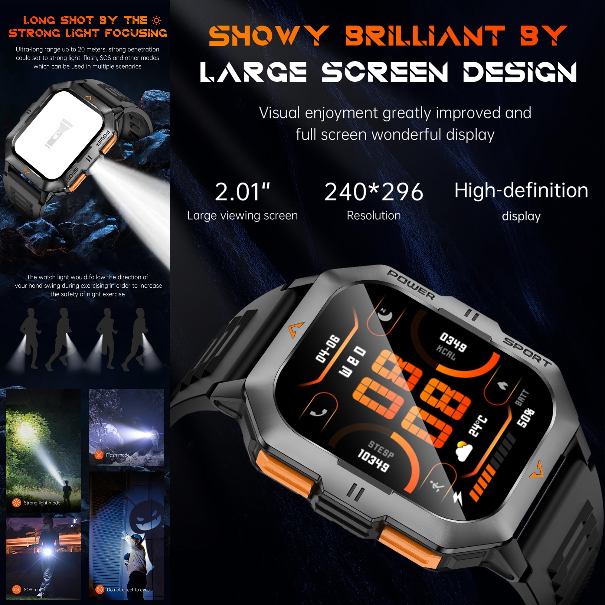 2,01" AMOLED Smartwatch Herren mit Telefonfunktion, 430mAh Batterie, Sportuhr mit Bluetooth Anrufe Fitnessuhr mit Schlafmonitor Schrittzähler, 5ATM Wasserdicht Smart Watch für iOS Android (Schwarz)