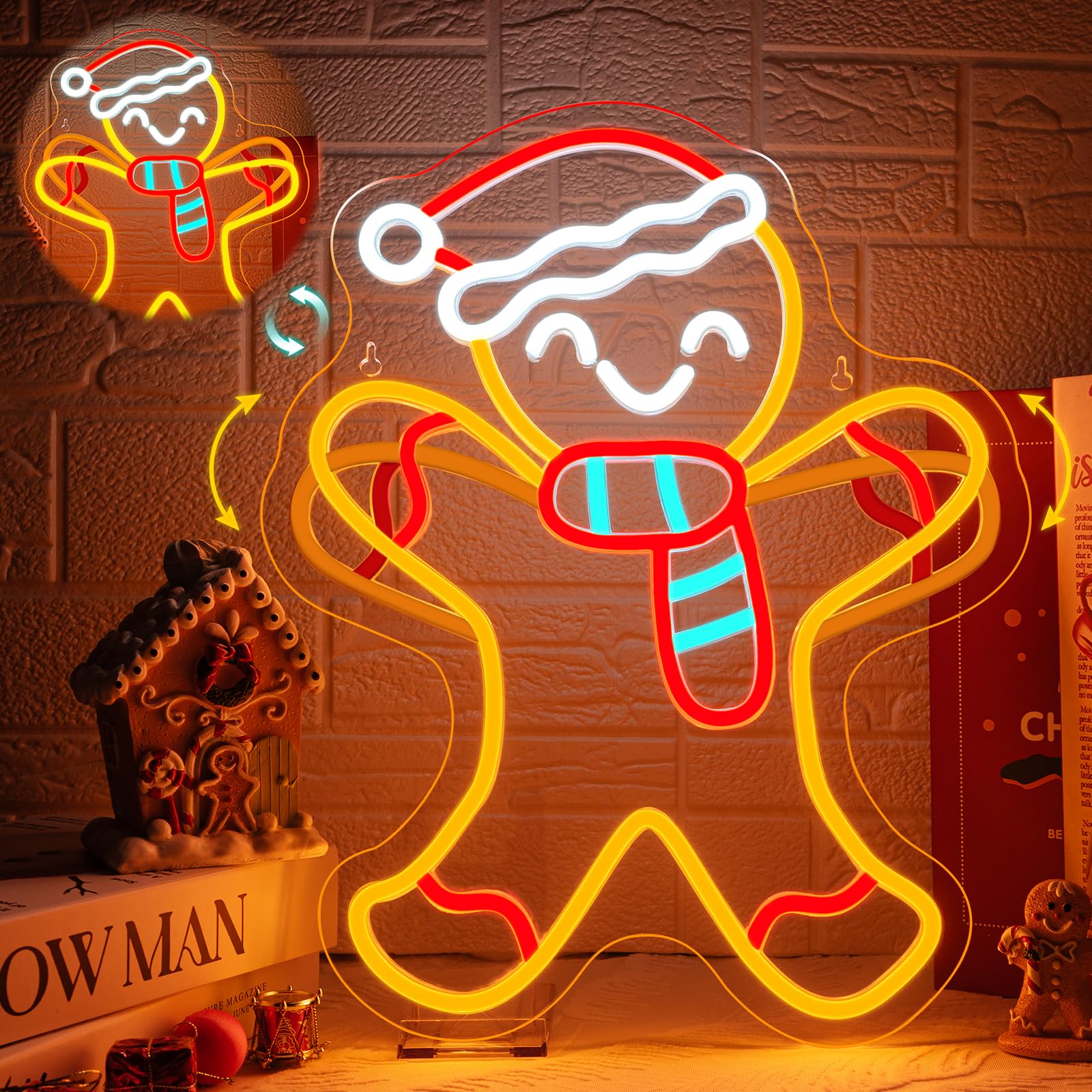 Looklight Gingerbread Man Neon Light Sign Christmas Led Sign Neon Signs for Wall Decor Flashing LED Light for Christmas Party Fireplace Mantel Bedroom Living Room Home Store Decor Gift