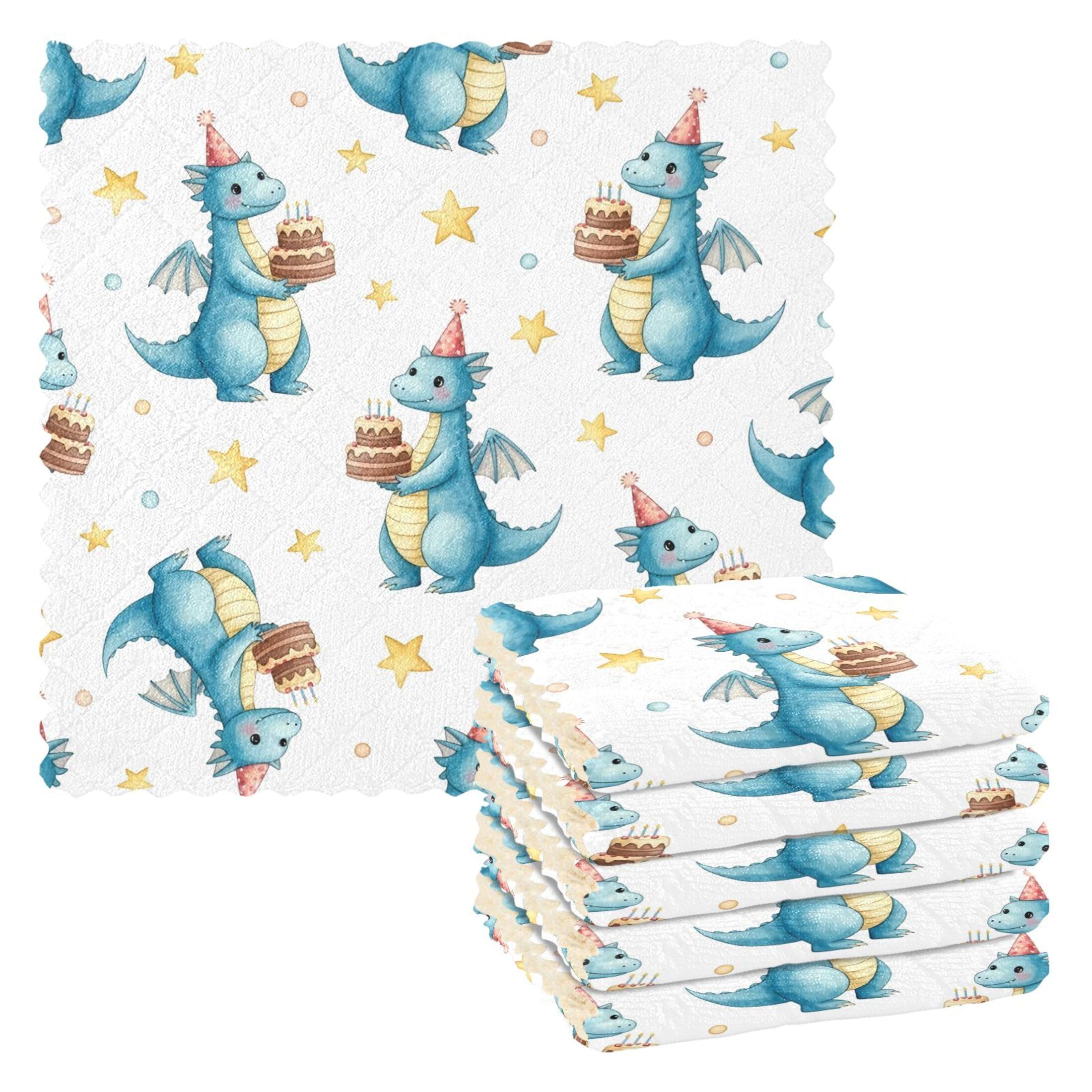 Fuauuyl Dragon Birthday Kitchen Dish Towel Set of 6, Soft Absorbent Washable Cleaning Cloths Dish Rags Tea Bar Drying Towels, 11x11 In