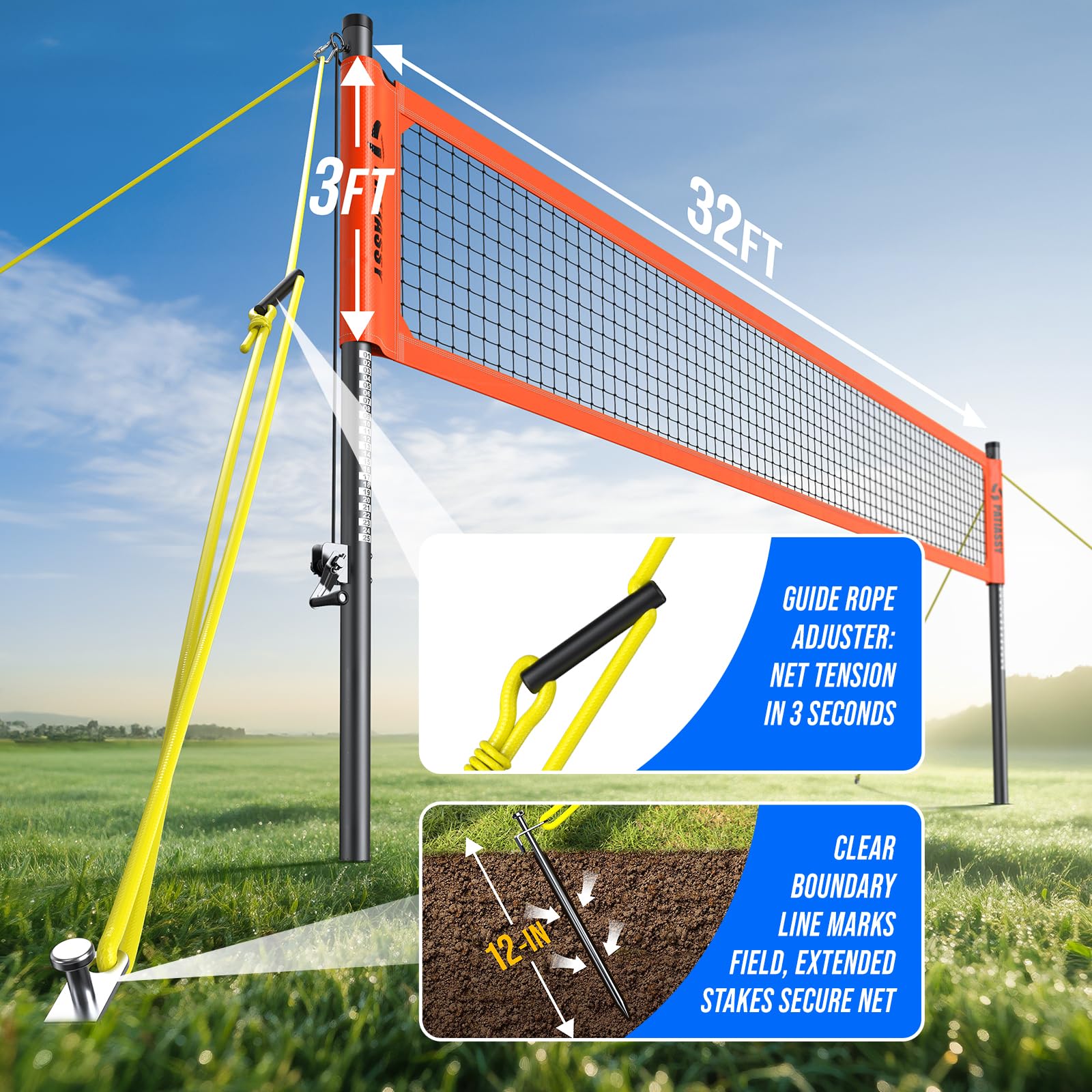 Rete da pallavolo resistente, set professionale per esterni con pali in alluminio antiruggine regolabili in altezza, sistema di verricello, design anti-abbassamento, pompa e borsa da