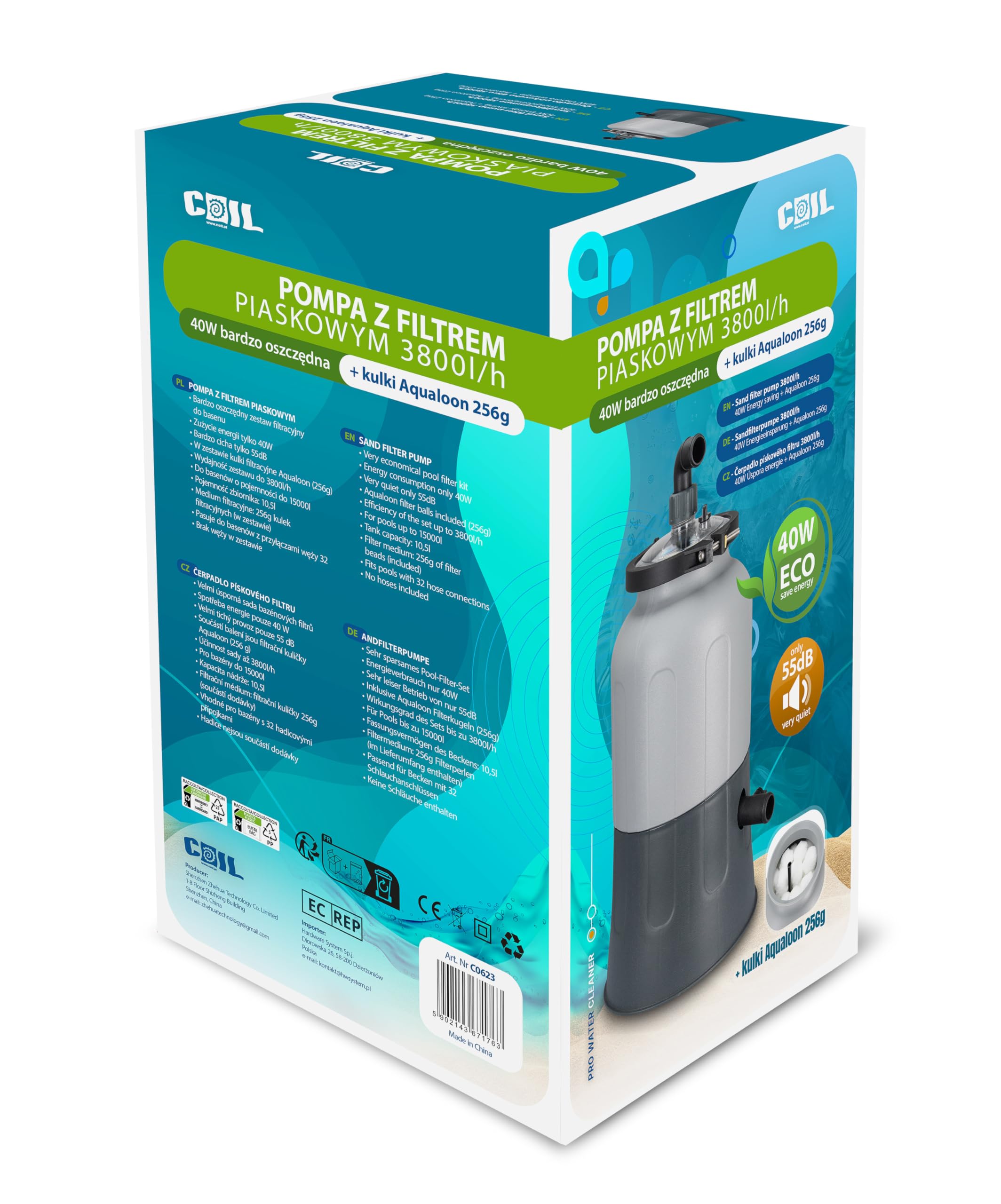 COIL Filterpumpe, Sandfilterpumpe, Poolpumpe Filteranlage, Filterbälle, Anschlussstutzen 32/38 mm, (Pumpe – 3800 l/h, 40W)