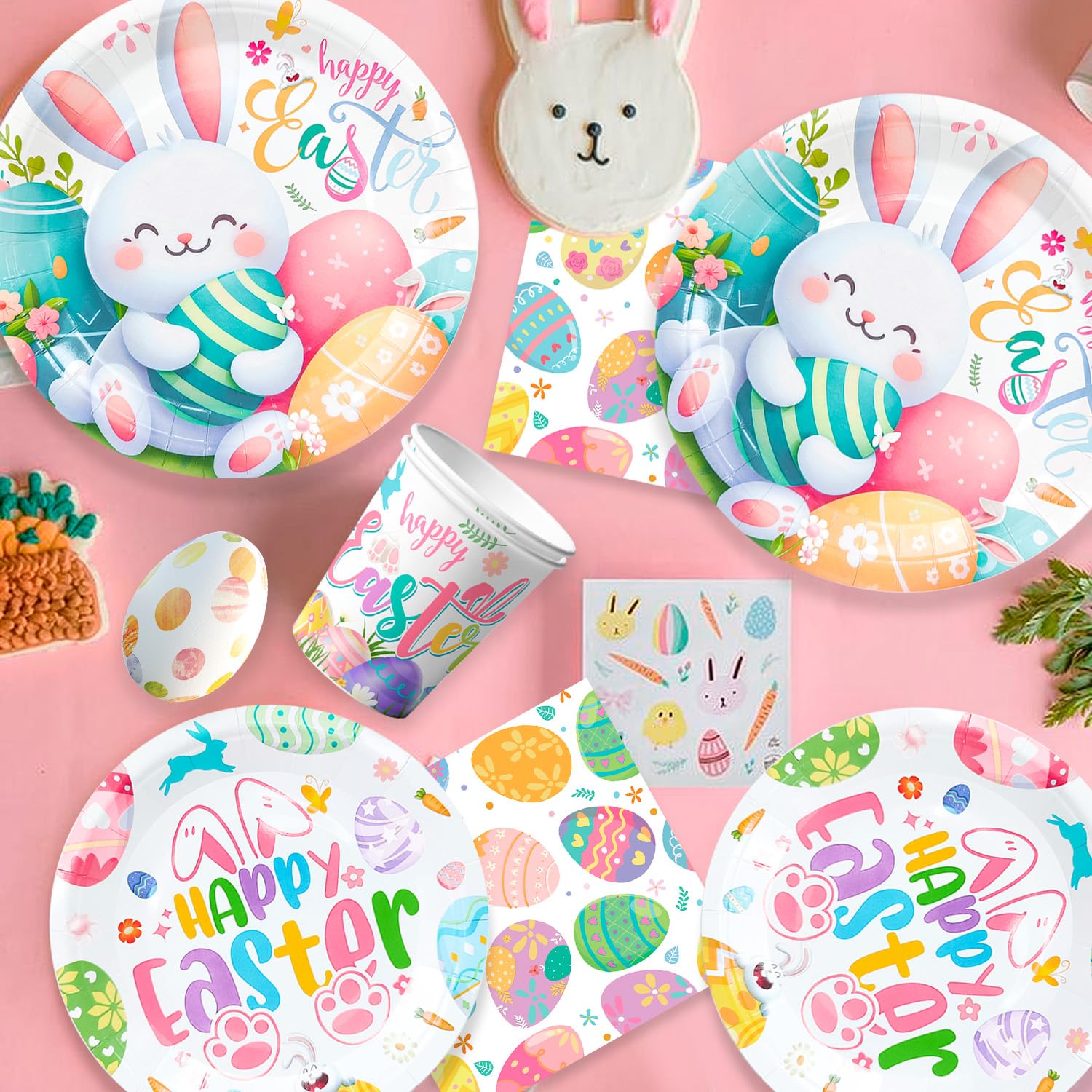 Easter Party Tableware Set For 20 Guests - Plates, Cups, Napkins, Tablecloth & Banner - Bunny Birthday Decor