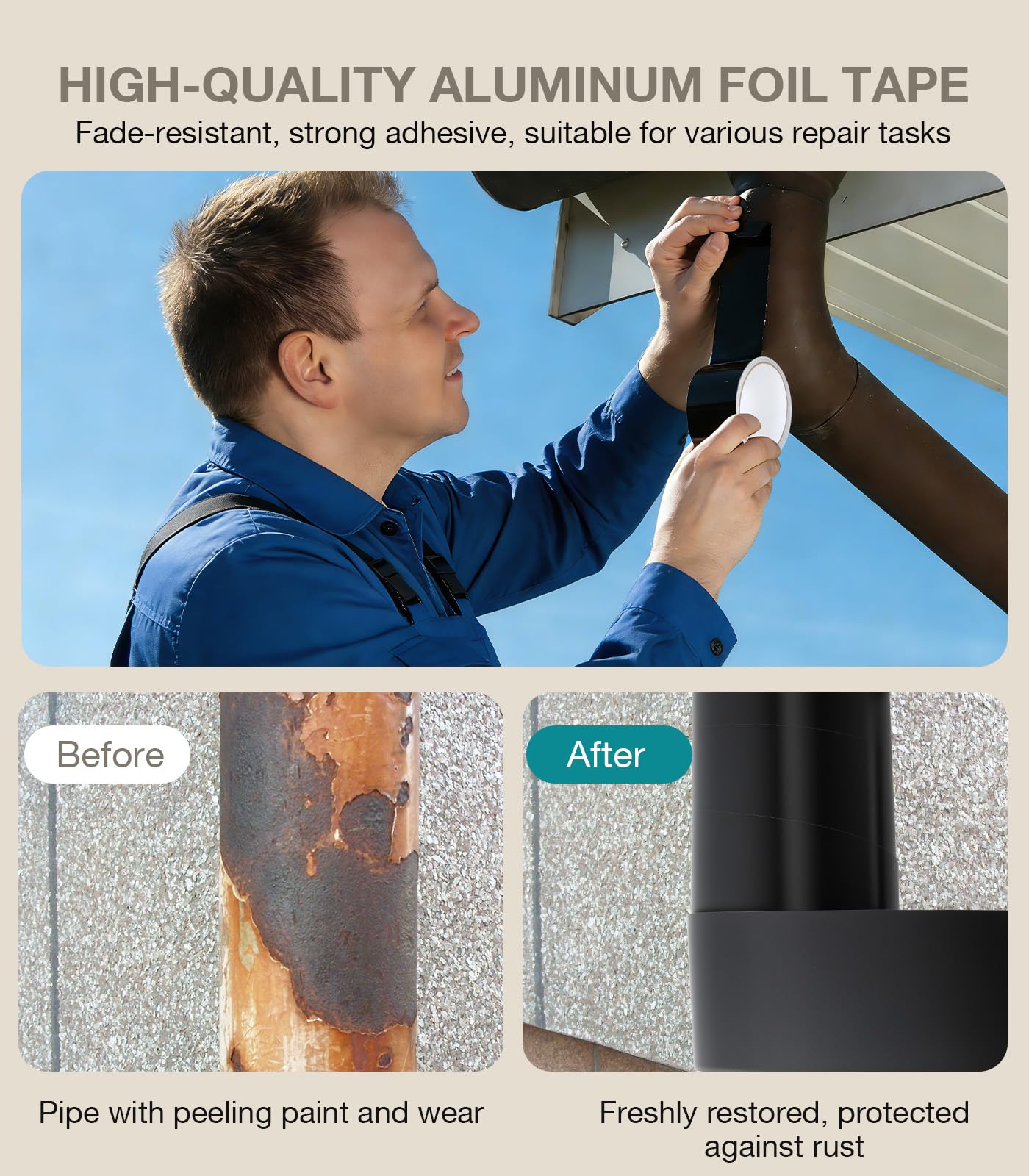 Cozary Cinta de Aluminio Negra 50mm x 20m,Cinta Aluminio Adhesiva Impermeable y Resistente al Calor,Cinta Selladora Metálica para Conductos de Aire Altas y Bajas TemperaturasTemperaturas