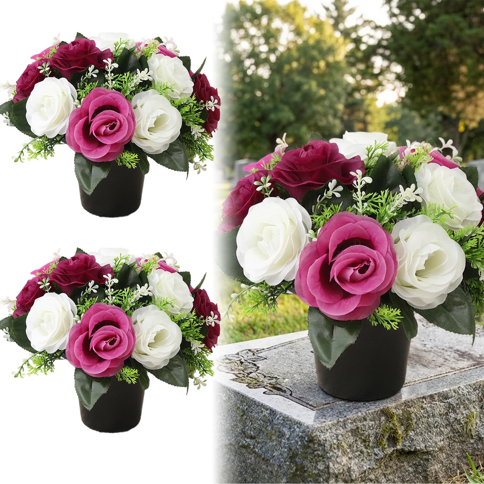 Fleurs de cimetière Gcroet en pot lot de 2 compositions en soie faites main