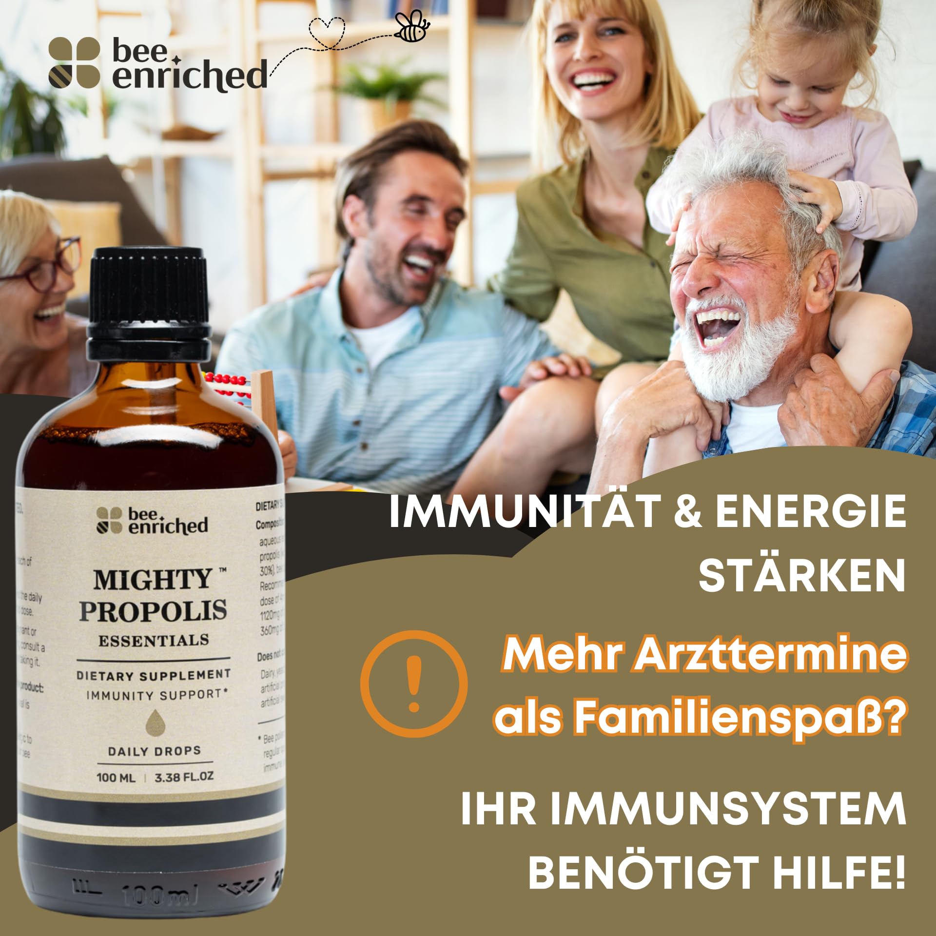 Propolis Tropfen ohne Alkohol 39% 1480 mg - Mighty Propolis Essentials 100 ml mit Bienen Pollen Hochdosiert - Natürliche Unterstützung bei Erkältungen auch für Kinder von Bee Enriched | Tinktur