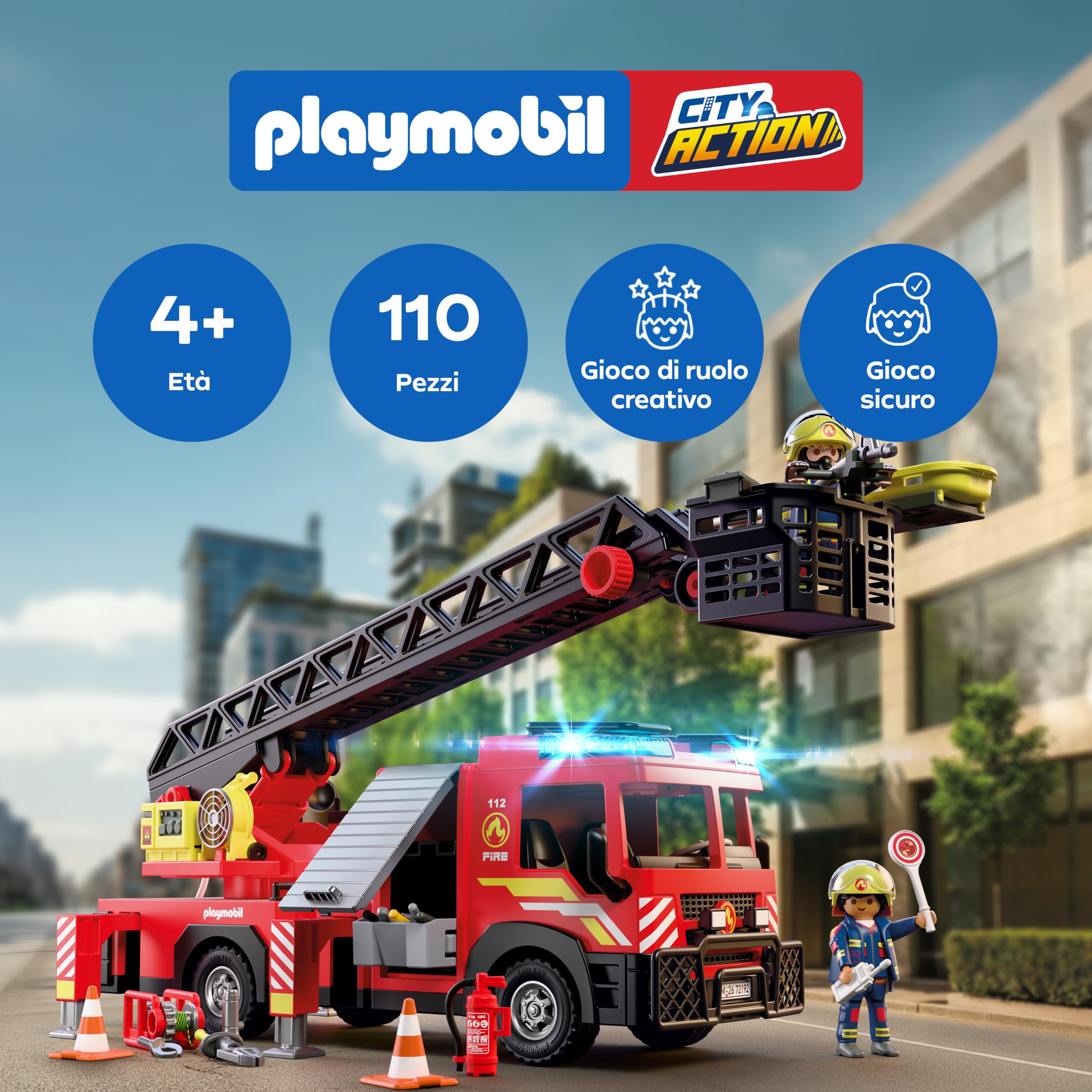 PLAYMOBIL | City Action | Autoscala dei pompieri | Veicolo di intervento con scala da 63 cm, luci e suoni, attrezzature di soccorso e accessori | Per bambini da 4 anni | 72192