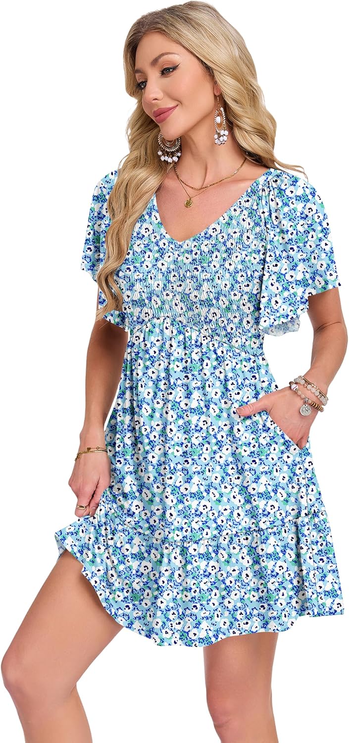 AUSELILY Cute Summer Baby Doll Dresses Women 2026 Empire Waist Mini Flowy Sundress Short Ruffle Sleeves Smocked with Pockets - Image 2