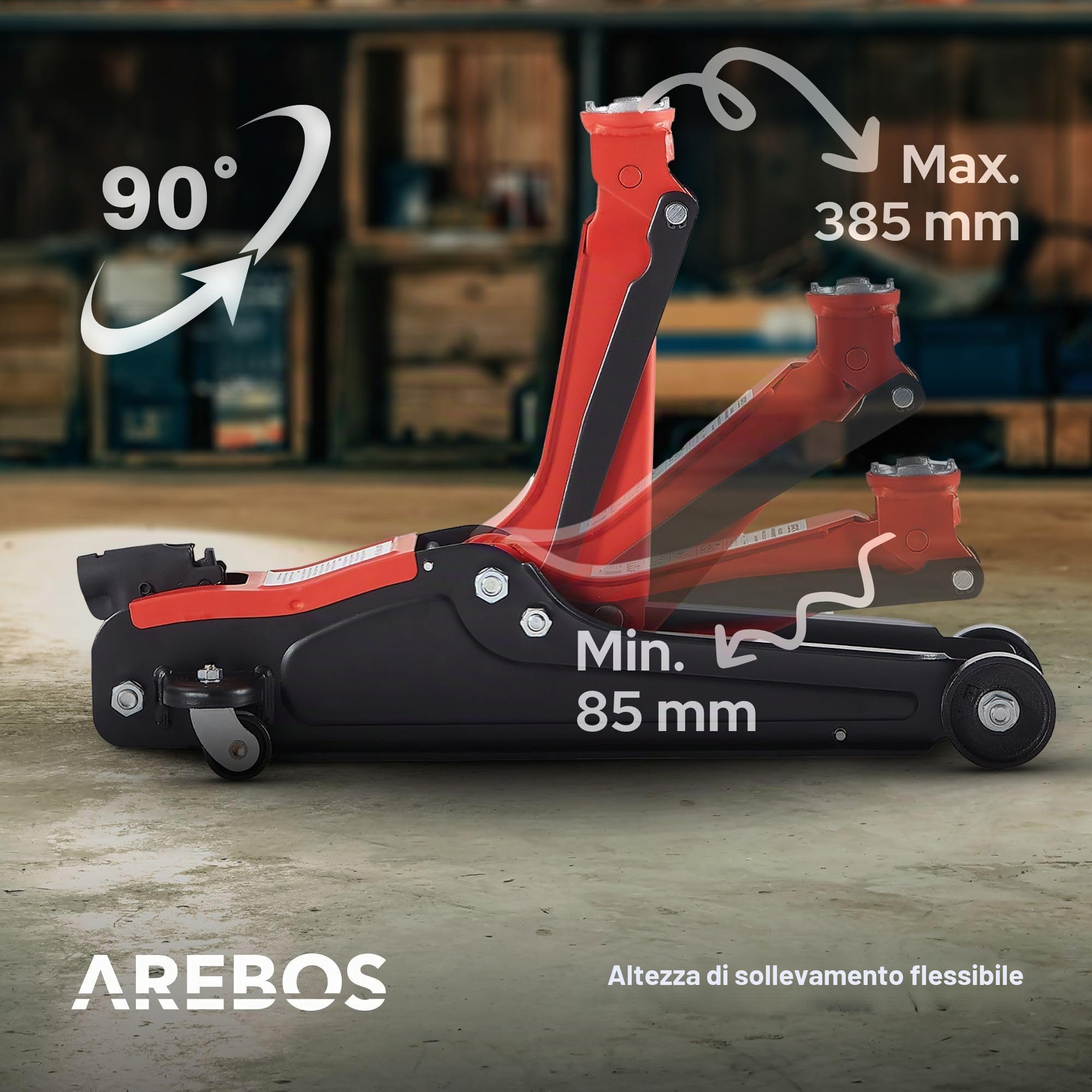 Arebos 2T Martinetto idraulico di manovra piatto | altezza di sollevamento 85-385 mm | 4 supporti | cavalletto per martinetto auto autovetture