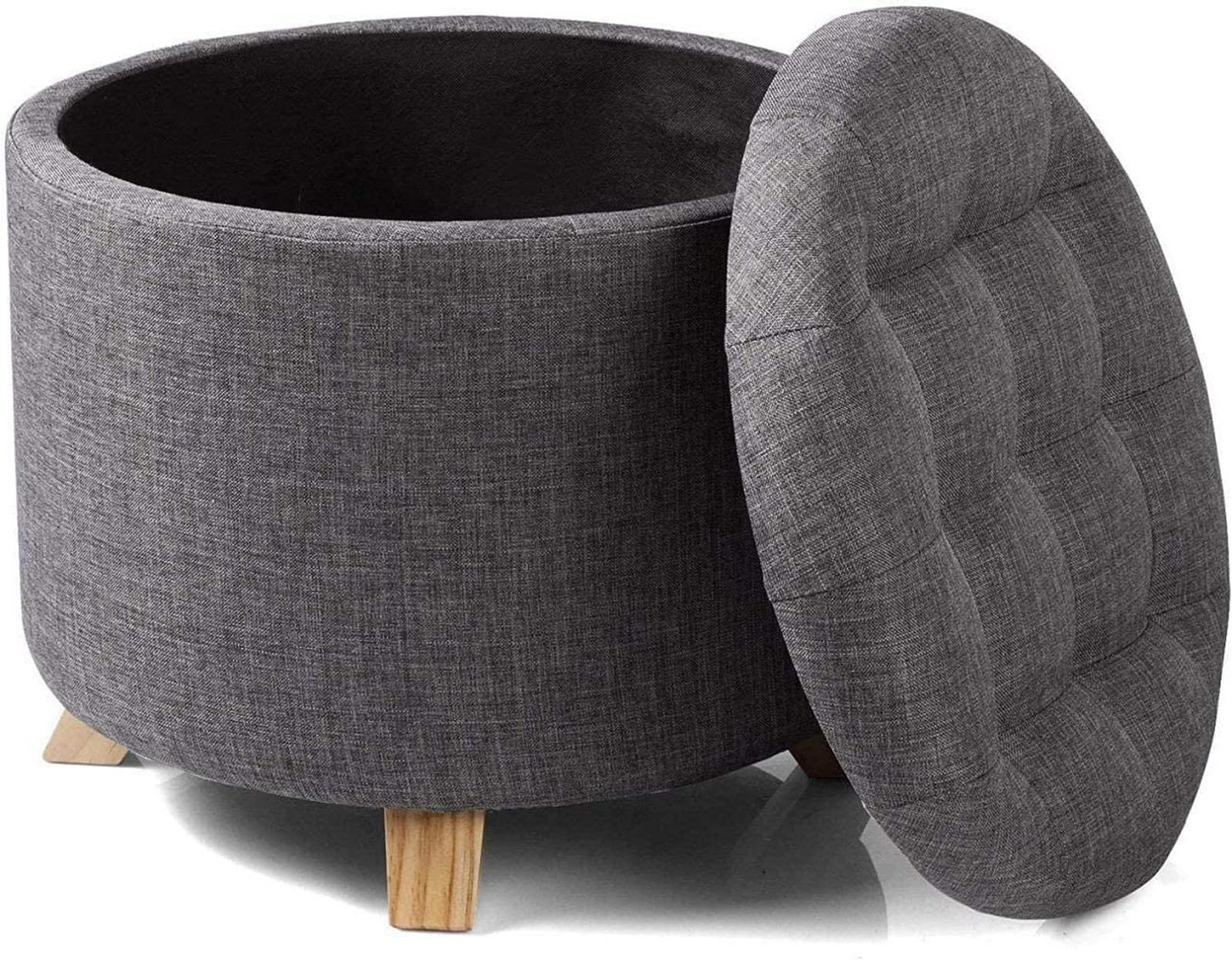 Pouf Rond en Lin Gris Foncé avec Coffre de Rangement et Housse Amovible