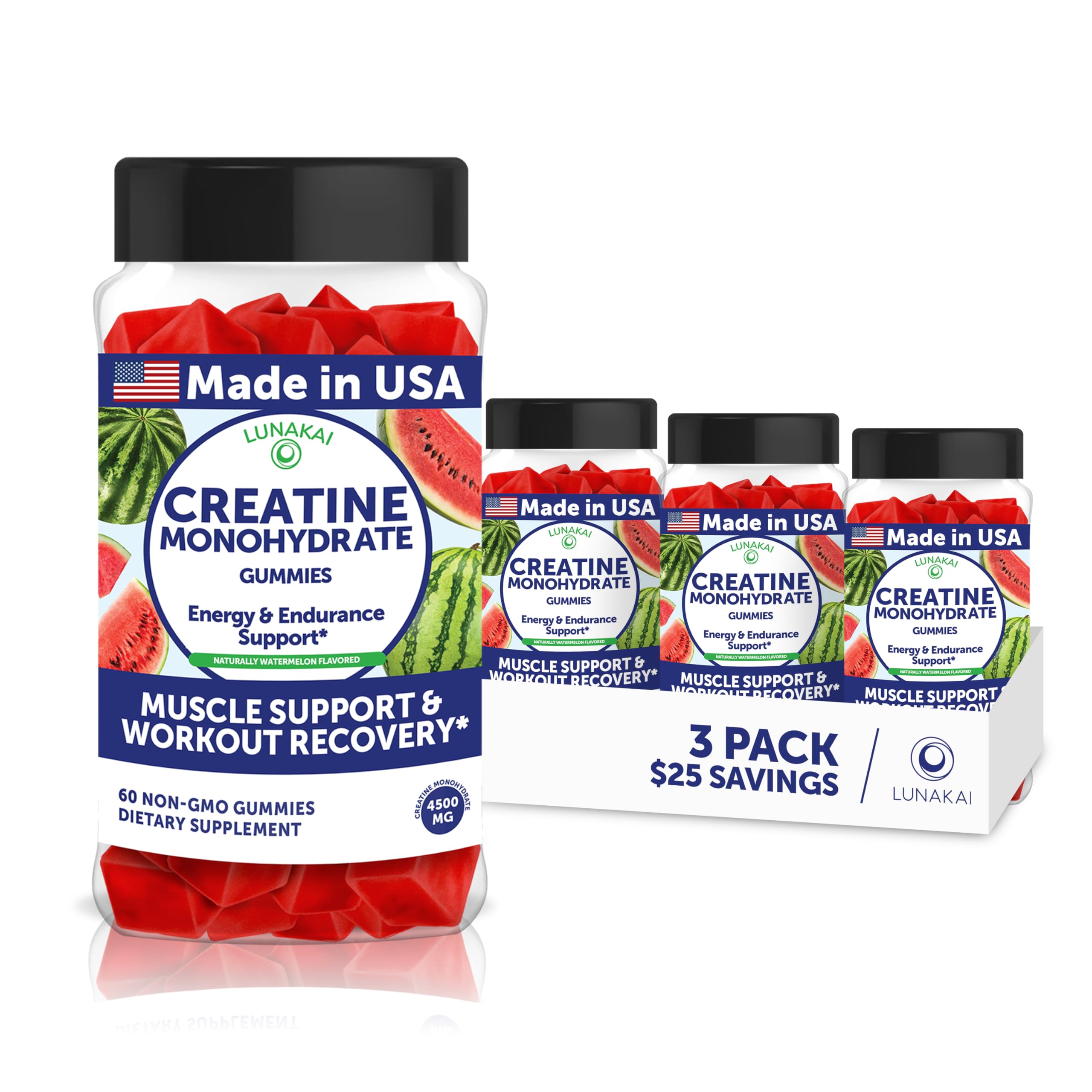 Lunakai USA Made Creatine Monohydrate Gummies for Women & Men – Vegan Creatine Gummies for Muscle & Recovery Support – Pre Workout Supplement - 3 Pack