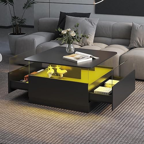 Miniatura 8 de Mesas de centro redondas con almacenamiento, mesa de centro moderna para sala de estar, mesas de centro cuadradas negras y 2 cajones espaciosos,