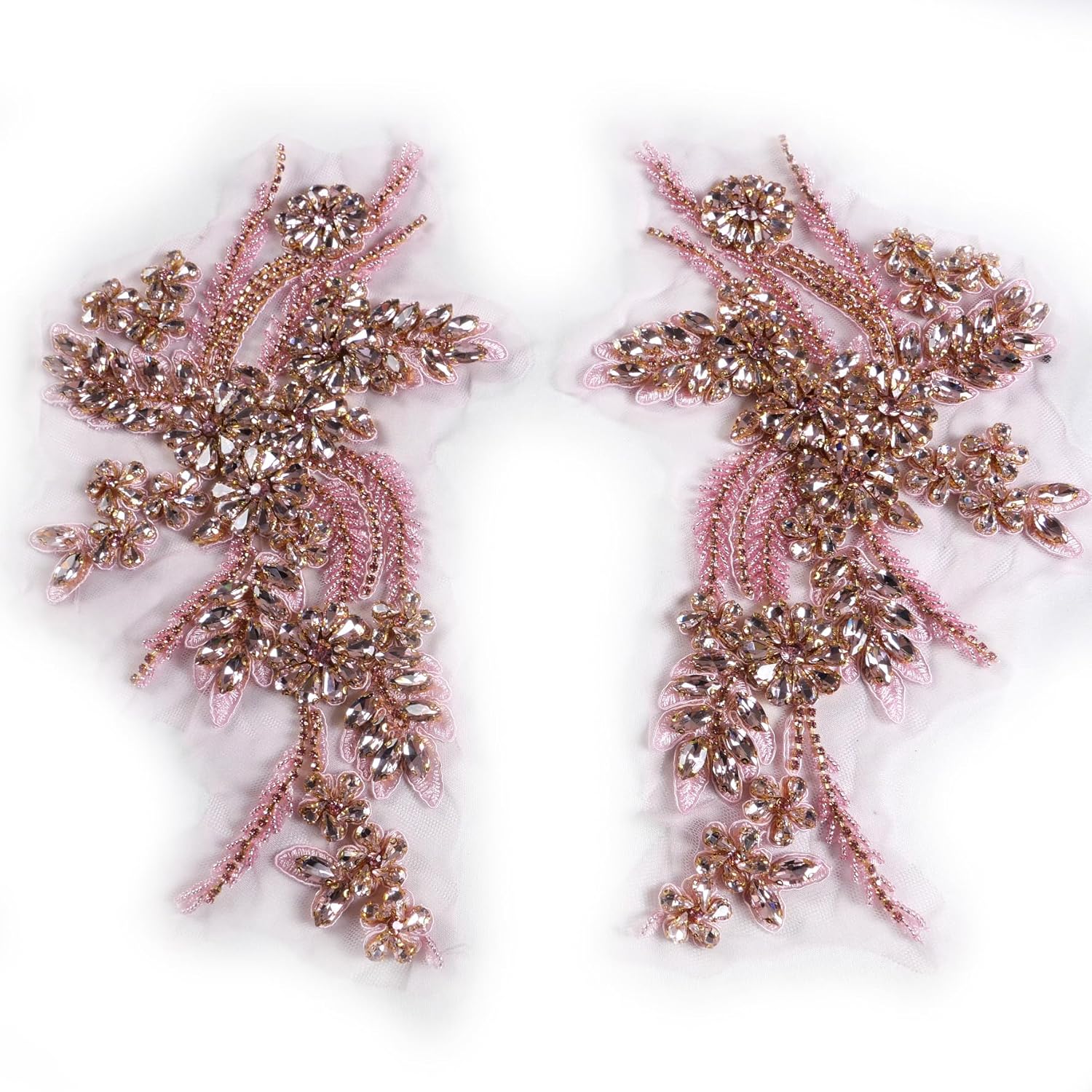 Hand-Made Beaded Rhinestons DIY Clothing Appliques Patch,Beaded Applique for Wedding Dress Decoration Light Pink Flower Applique by Pair (Pink-B)
