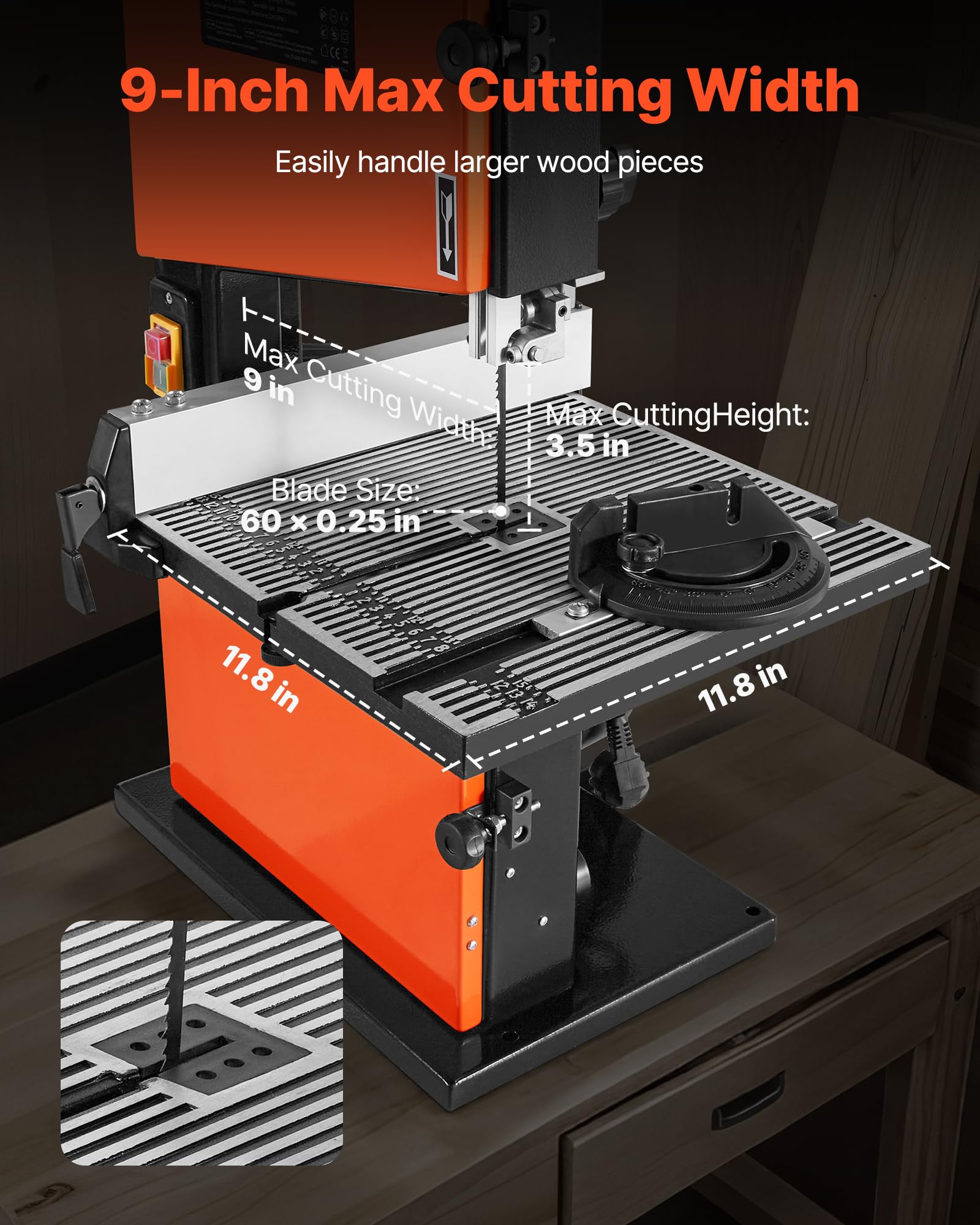 VEVOR Sierra de Cinta para Madera con Motor de 373 W, Altura de Corte de 90 mm, Ancho de Corte de 229 mm, Mesa de Aluminio Fundido de 300 x 300 mm, con Luz de Trabajo de 360°, para Carpintería