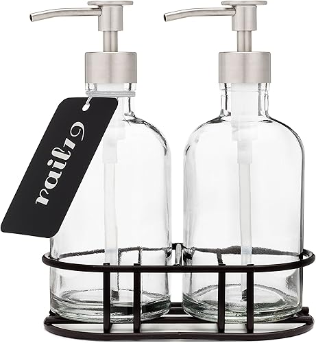 Miniatura 7 de Rail19 Juego de dispensador de jabón y mano de vidrio con bomba de metal, incluye organizador de metal, 8 onzas (Cali Chrome)