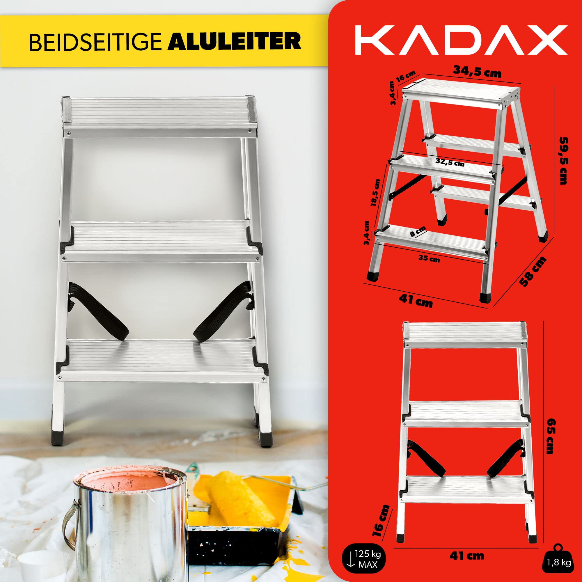 KADAX Escabeau en Aluminium avec Marches Antidérapantes et Conception Pliable pour Un Stockage et Un Transport Faciles, Échelle Légère (3 Marches)