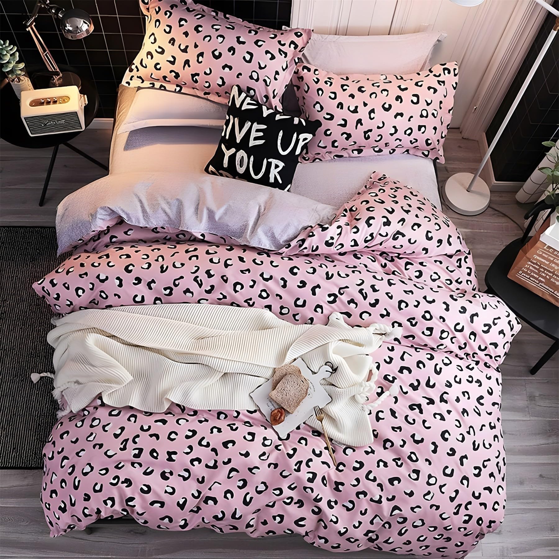 Housse de couette 220x240 sans repassage parure de lit léopard rose anti-plis à fermeture éclair