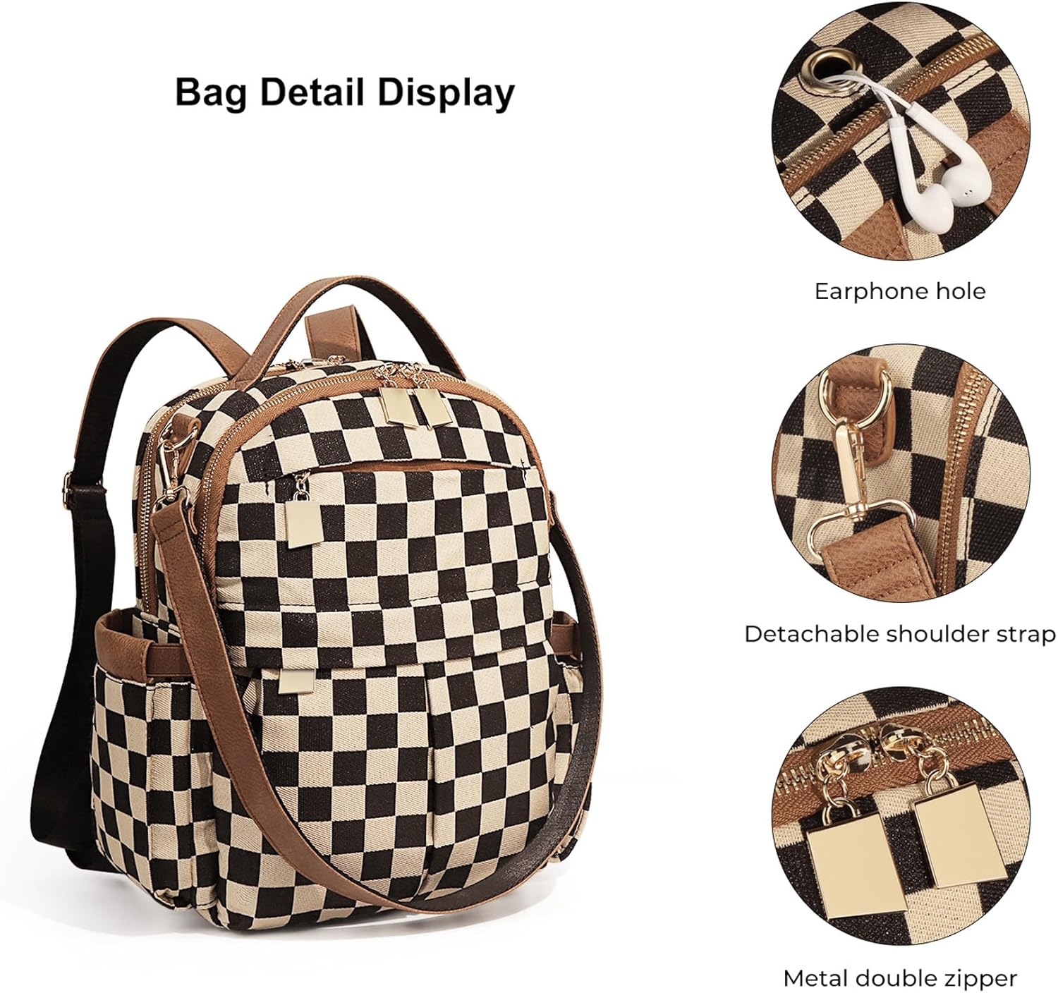 JQWYGB 2pcs Checkered Backpack for Women Small Plaid Back Pack Bags Checkerboard Backpack Handbag with Red Cherry Charm
