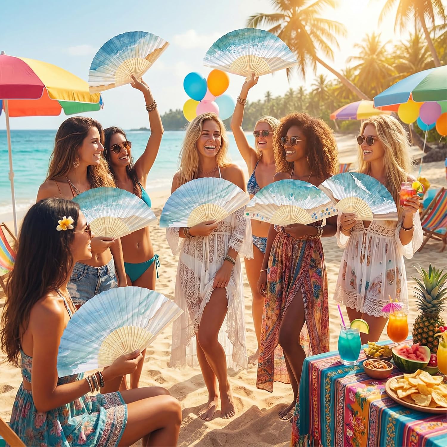 Roowest 36 Pcs Beach Folding Hand Fans Bulk Paper Bamboo Handheld Fan with Bows for Summer Beach Wedding Favors Bule Ocean Waves Fans for Bridal Baby Shower Birthday Party Luau Tropical Holiday Decor
