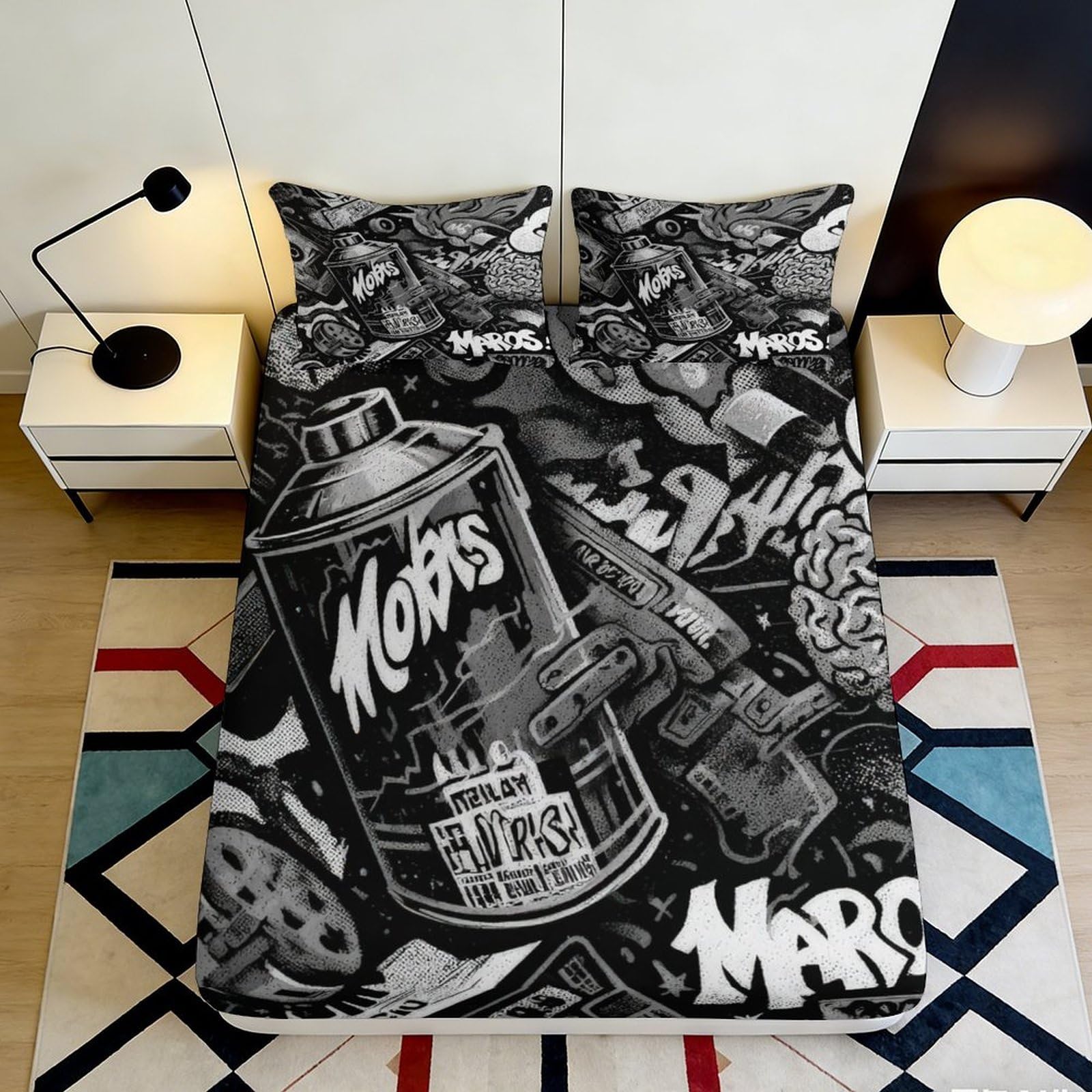 3D Printed Graffiti Spray Art Fitted Sheet Microfiber Black White Urban Street Mattress Cover Anti-Slip Machine Washable for Bedroom Dorm Decor 140x200x25cm
