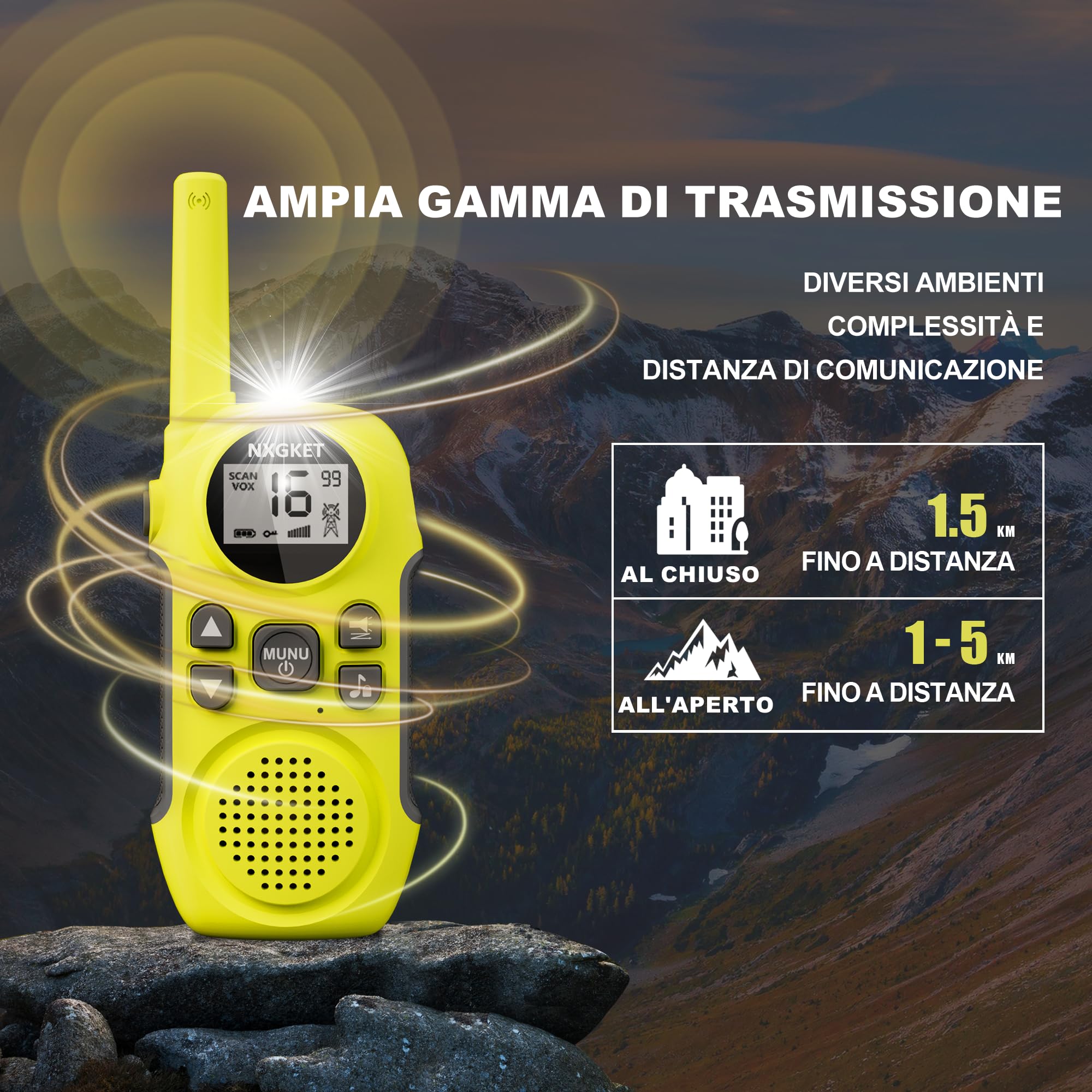 Walkie Talkie Professionali Ricaricabili per Bambini,NXGKET Radioline Woki Toki 16 Canali,Batteria Integrata,Con Torcia per Giochi all'aperto Campeggio Escursionismo,Regali per 3-12 Ragazze o Ragazzi