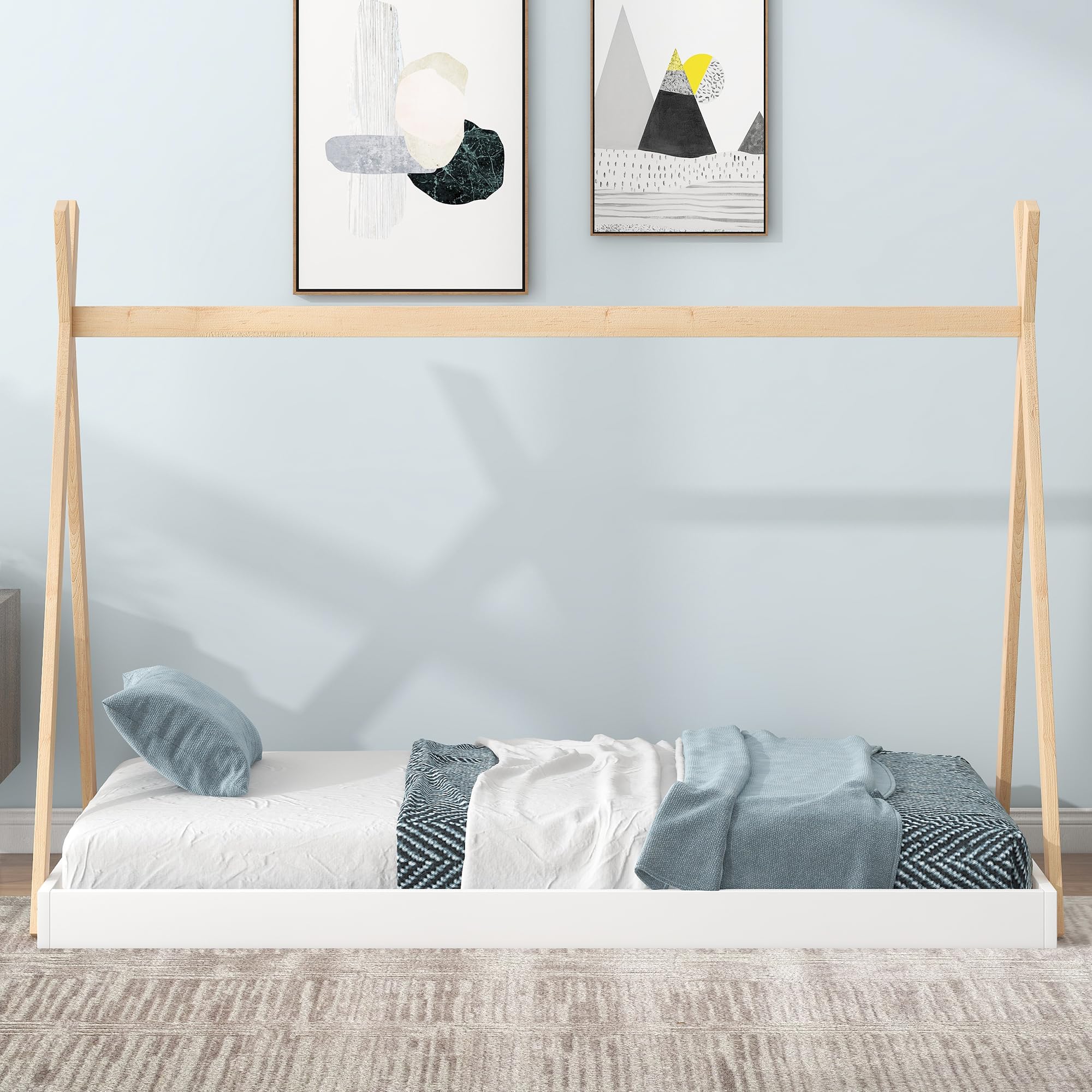 Yestar Twin Size Tent Floor Bed with Triangle Structure White Natural Wood Frame, Low Profile Kids Bedroom, Cozy Playhouse Design for Boys Girls (White + Natural)