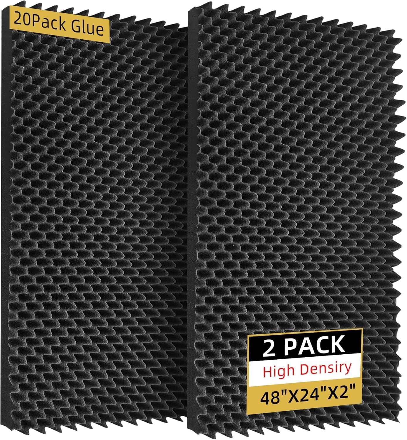 2 Pack Sound Proof Foam Panels | 48"ร24"ร2" Egg Crate Foam Pad | High Density Soundproof Wall Panels for Home Studio Noise & Thermal Insulation |With Adhesive Stickers 20PCS(Black)