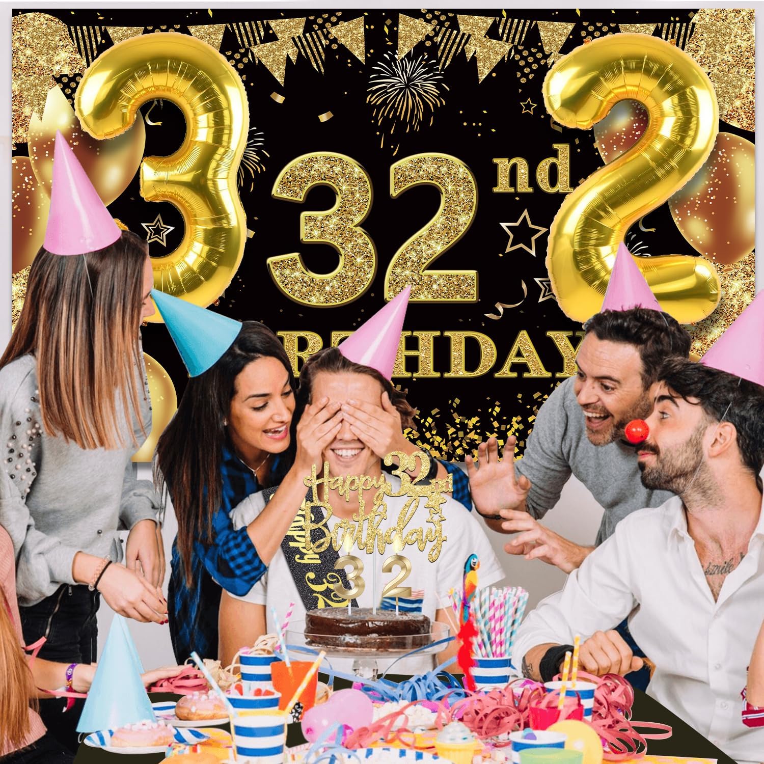 32nd Birthday Decorations Men Women with 32nd Birthday Banner, Black and Gold Table Cloth, Number Balloons, Large Sash, Cake Topper and Candles - Image 7